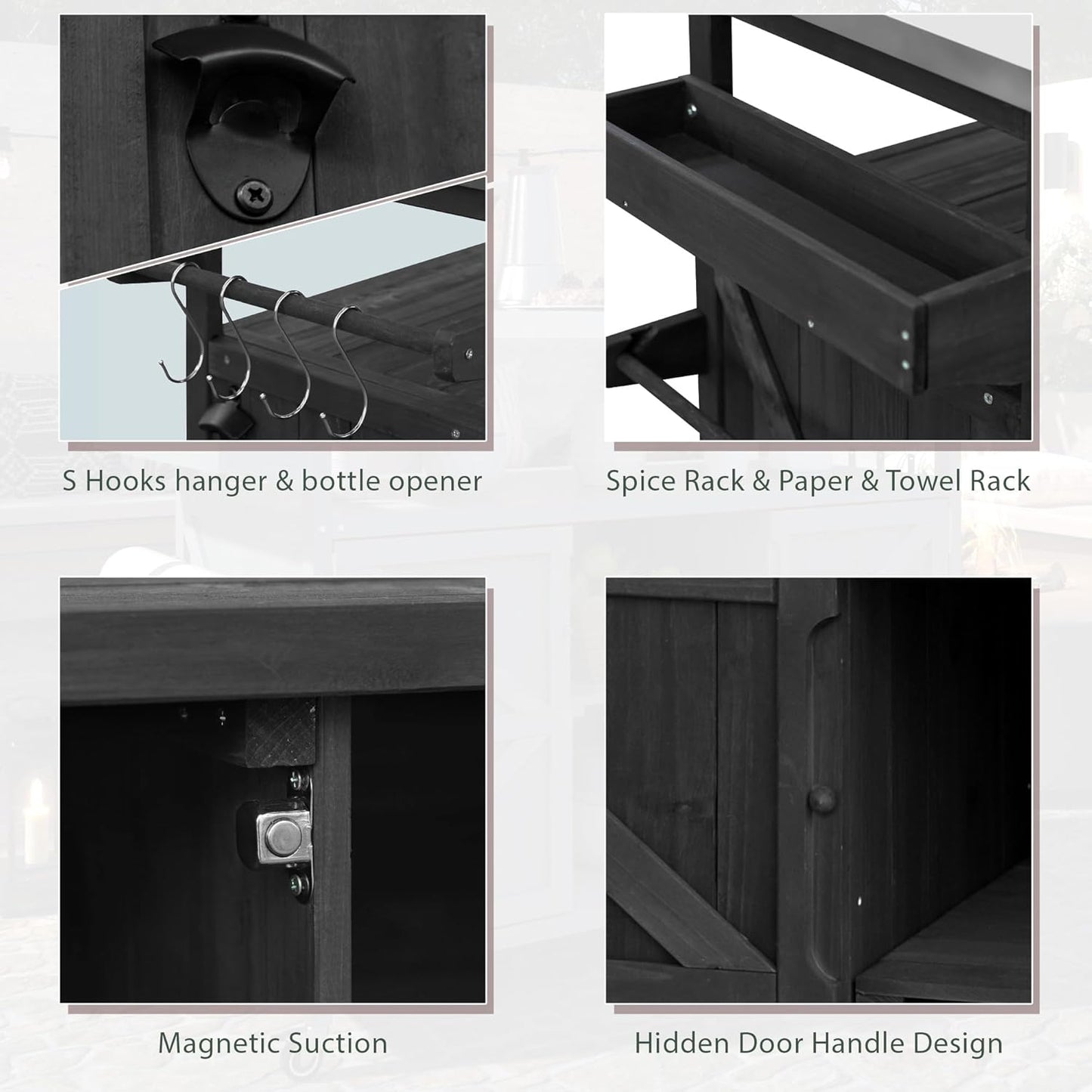 Outdoor Grill Carts for Patio Graden BBQ with Storage Cabinet, Home Rolling Kitchen Island Bar Cart with Stainless Steel Top, Food Prep Table with Shelves, Spice Rack & Towel Holder (Black)