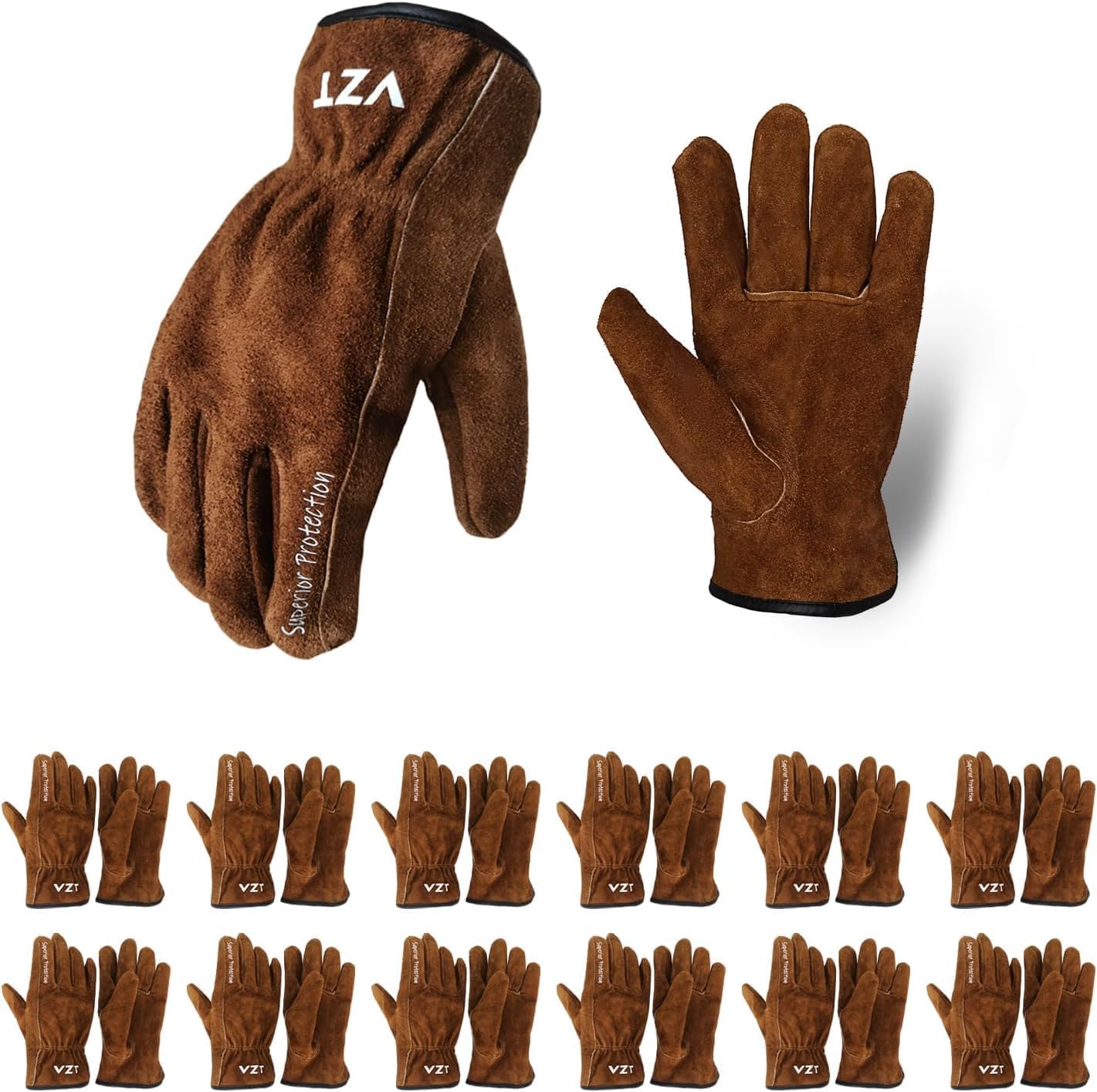 12 Pairs Bulk Leather Work Gloves for Men or Women for Gardening, Construction, Truck, Driving, Farm, Ranch, Woodworker, Soft, Cowhide Thickened, Water Resistant, Brown, Medium