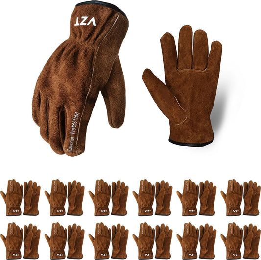 12 Pairs Bulk Leather Work Gloves for Men or Women for Gardening, Construction, Truck, Driving, Farm, Ranch, Woodworker, Soft, Cowhide Thickened, Water Resistant, Brown, 2X-Large