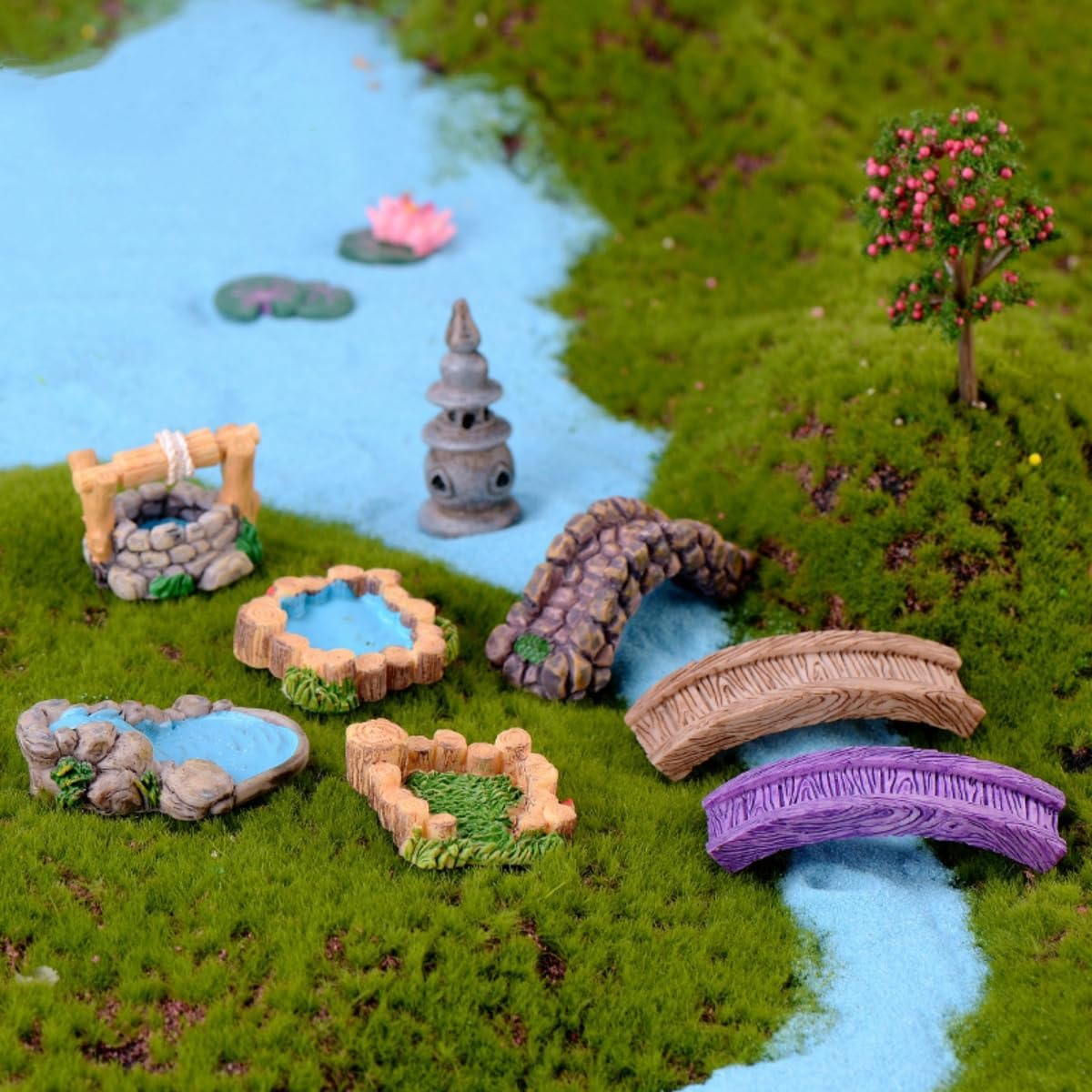LONCESS Fairy Garden Accessories Miniature Tree House Bridge Mini Lighthouse Water Well Bridge Figurines Pond Lawn Ornament Figurines for DIY Craft Garden Decor,12 Peices