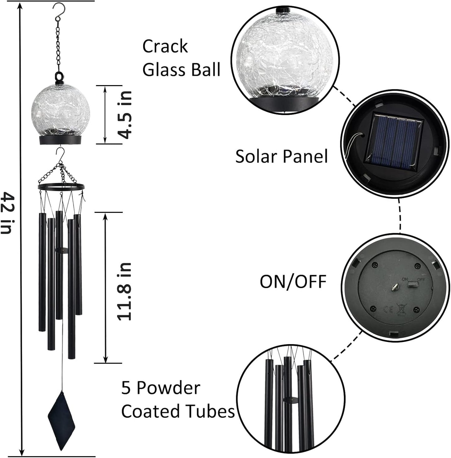 Wind Chimes Outdoor Solar Lights, 42 Inch Large Sympathy Chime 15 Cool White LEDs Crackled Glass Ball Birthday Gifts for Women Decorative Hanging in Garden, Yard, Patio, Landscape