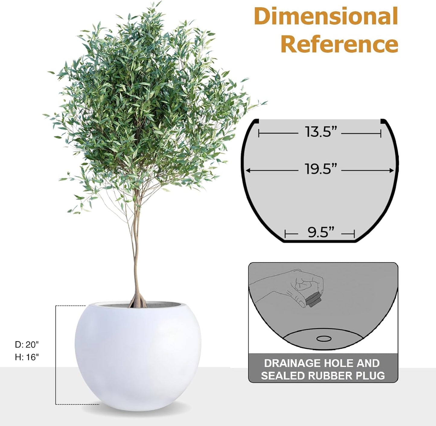 16" H x 20" D Globo Fiberstone Round Planter with Drainage Hole, Weather Resistant, Smooth Finish, Planters for Indoor Plants & Outdoor, 2 Extra Coco Mats (White, 13.5" Pot Opening)