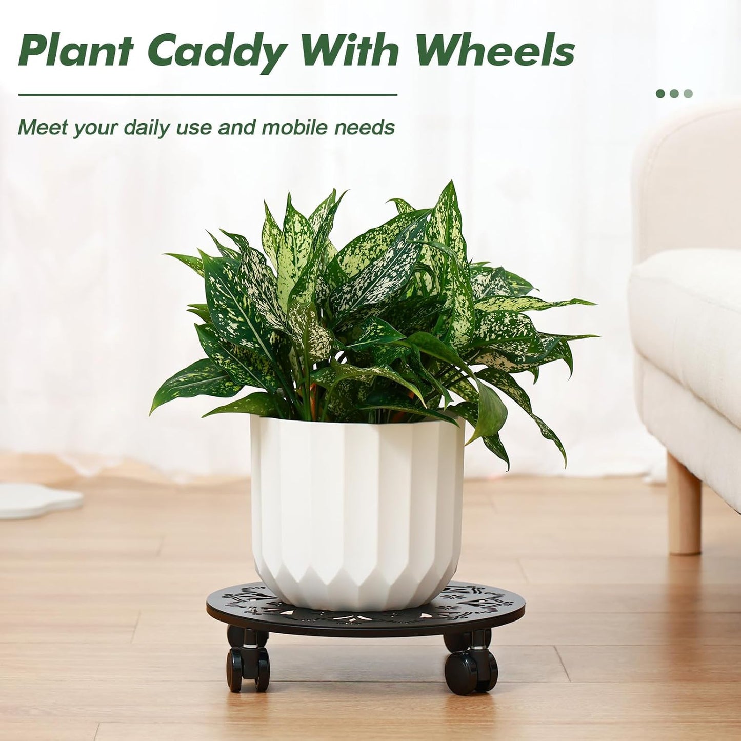 4 Pack Rolling Plant Caddy with Wheels 12 Inch, Plant Rollers with Wheels Metal Plant Caddy with Wheels Heavy Duty Plant Stand for Large Plants, Matte Black Rolling Planter Base, 4 Wheels for Planters