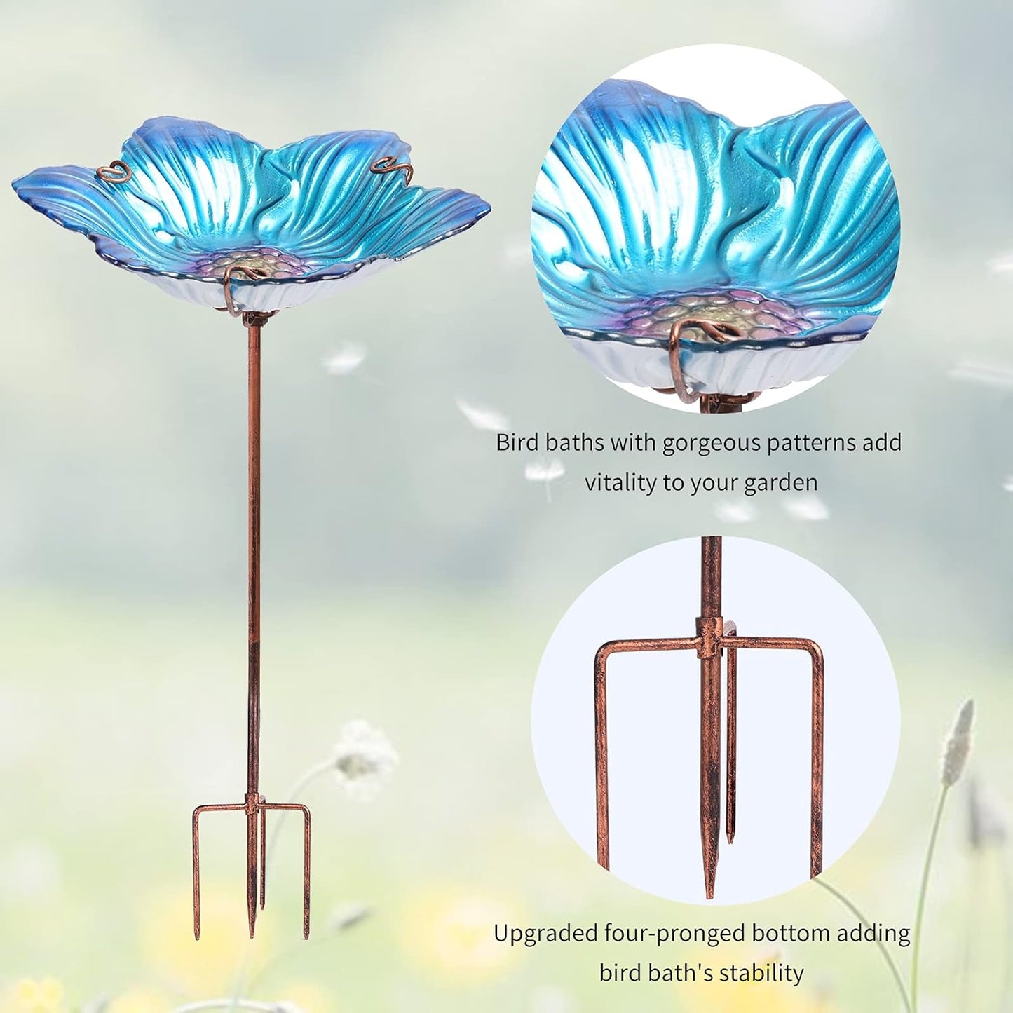 Outdoor Bird Bath Glass Birdbath Garden Birdfeeder with Metal Stake Blue(Height:26inch)