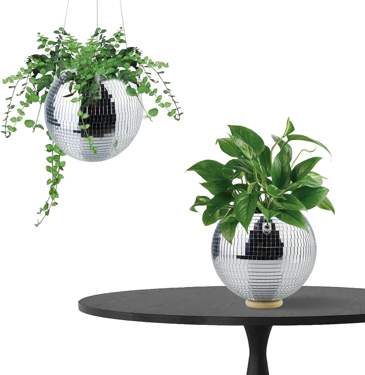 Disco Ball Hanging Plant Pots, Boho Silver Mirror Disco Planter with Chain Hook and Macrame Rope for Indoor Outdoor Decor and Wooden Stand for Desk,Self Watering Insert Pots