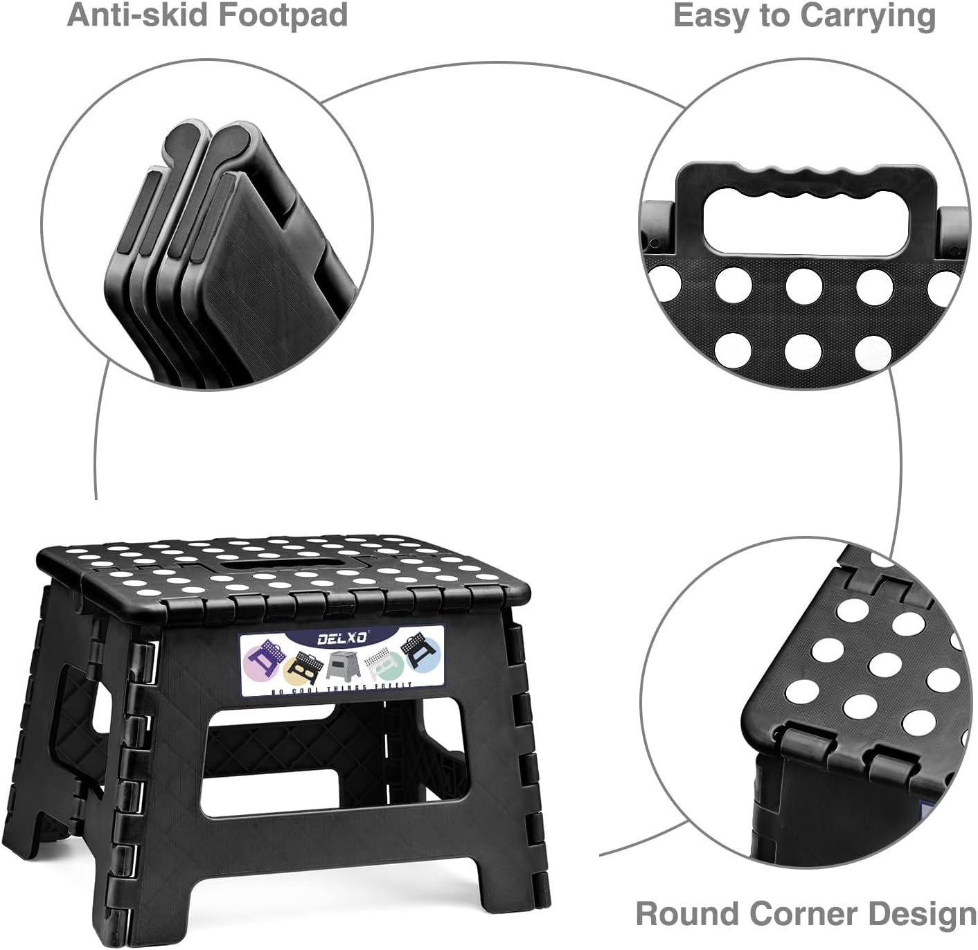 Delxo 9 Inch Folding Step Stool, Black Step Stools for Kids Foldable,Portable Collapsible Step Stool with Handle, Folding Stool for Kitchen Bathroom,Bedroom,Garden