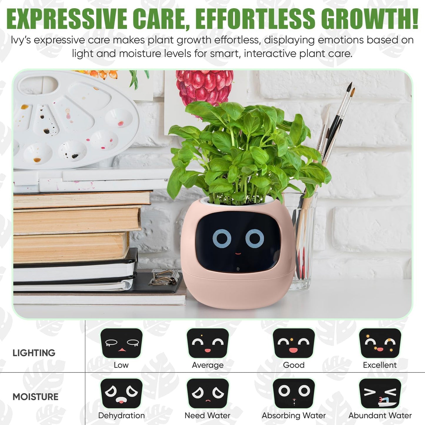 Interactive Plant Pot – Smart Planter, AI Pet Plantagotchi, tamagotchi, Leafypod and Plantiboy, Robot Flower with Feelings, Electric Maceta, Indoor Flowerpot with Water, Digital Gifts (Pink)