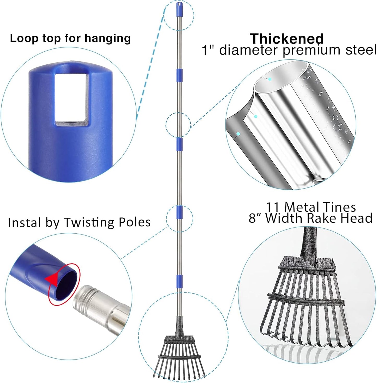 Rake for Leaves, 8" Wide 11 Tines Small Metal Hand Garden Adjustable Lawn Yard Shrub Kids Leaf Rake Heavy Duty Garden Tool for Gardening