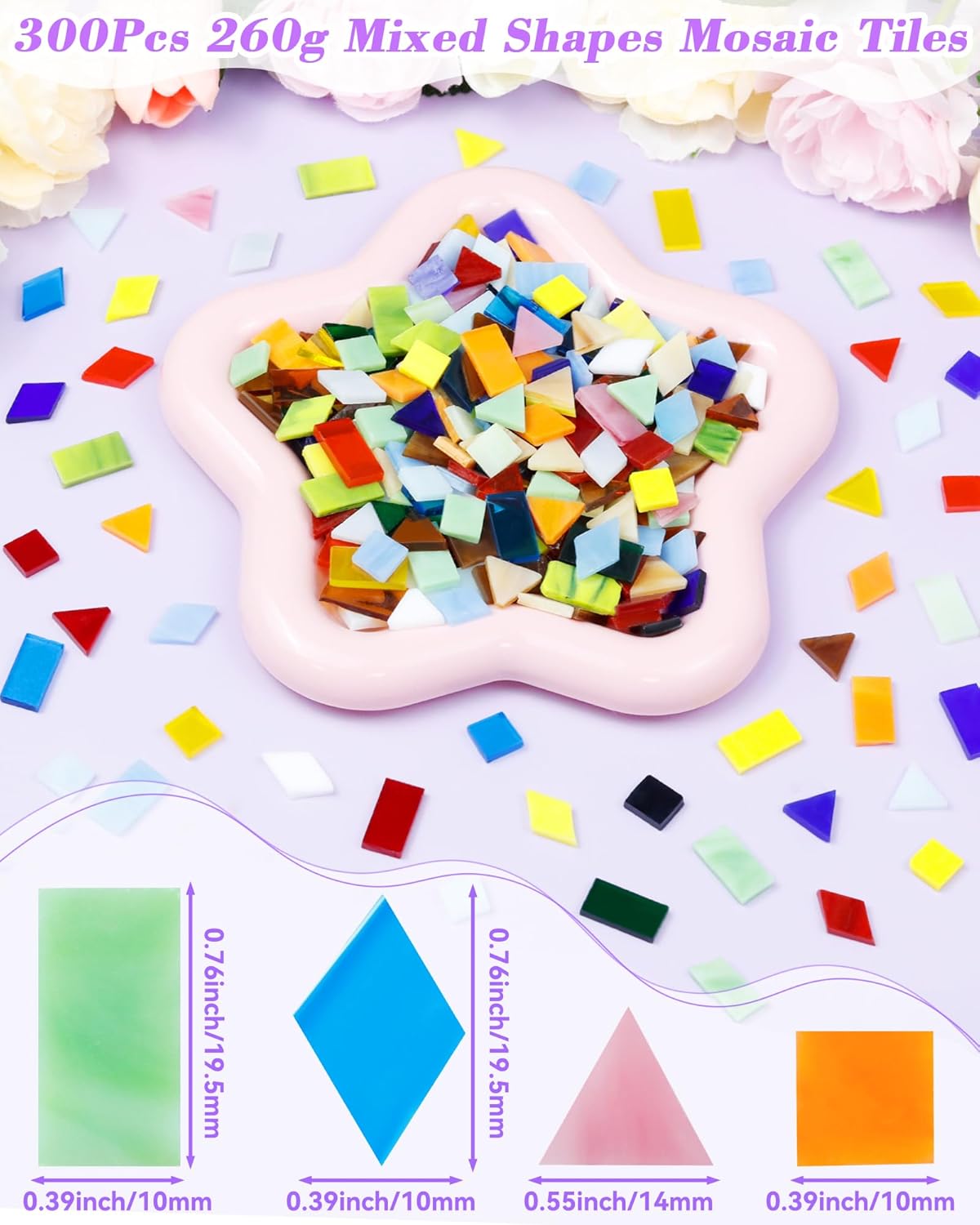 FIVEIZERO 260g Glass Mosaic Tiles for Crafts - 300 Pieces Tiny Mosaic Tile Kit, Irregular Pieces for DIY Craft Jewelry, Coaster Art & Mosaic Kits (Mixed-Color)