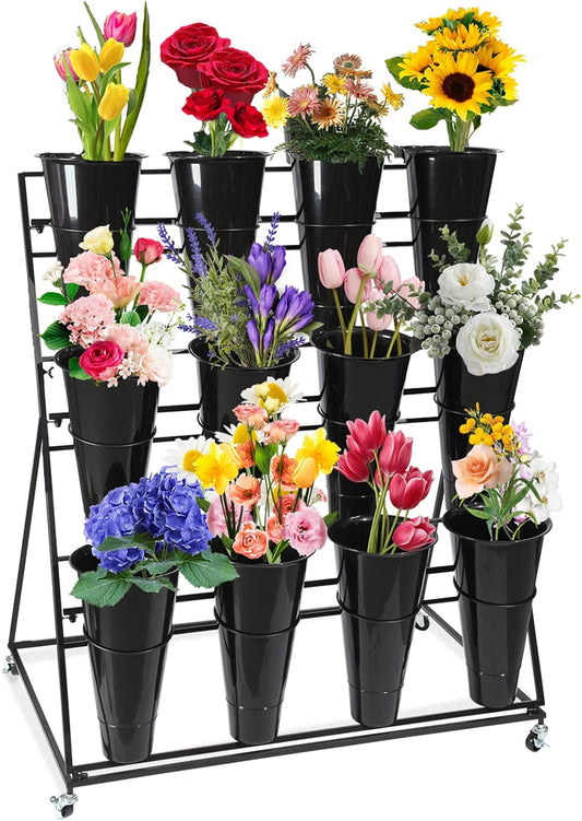 Flower Display Stand with Buckets, 3 layers Metal Plant Stand with Wheels, Moving Florist Bouquet Shelf for Fresh Flower Shop, for Patio Garden, Living Room, Outdoor Flower Pop-Up Events (Black Frame - Black Bucket)