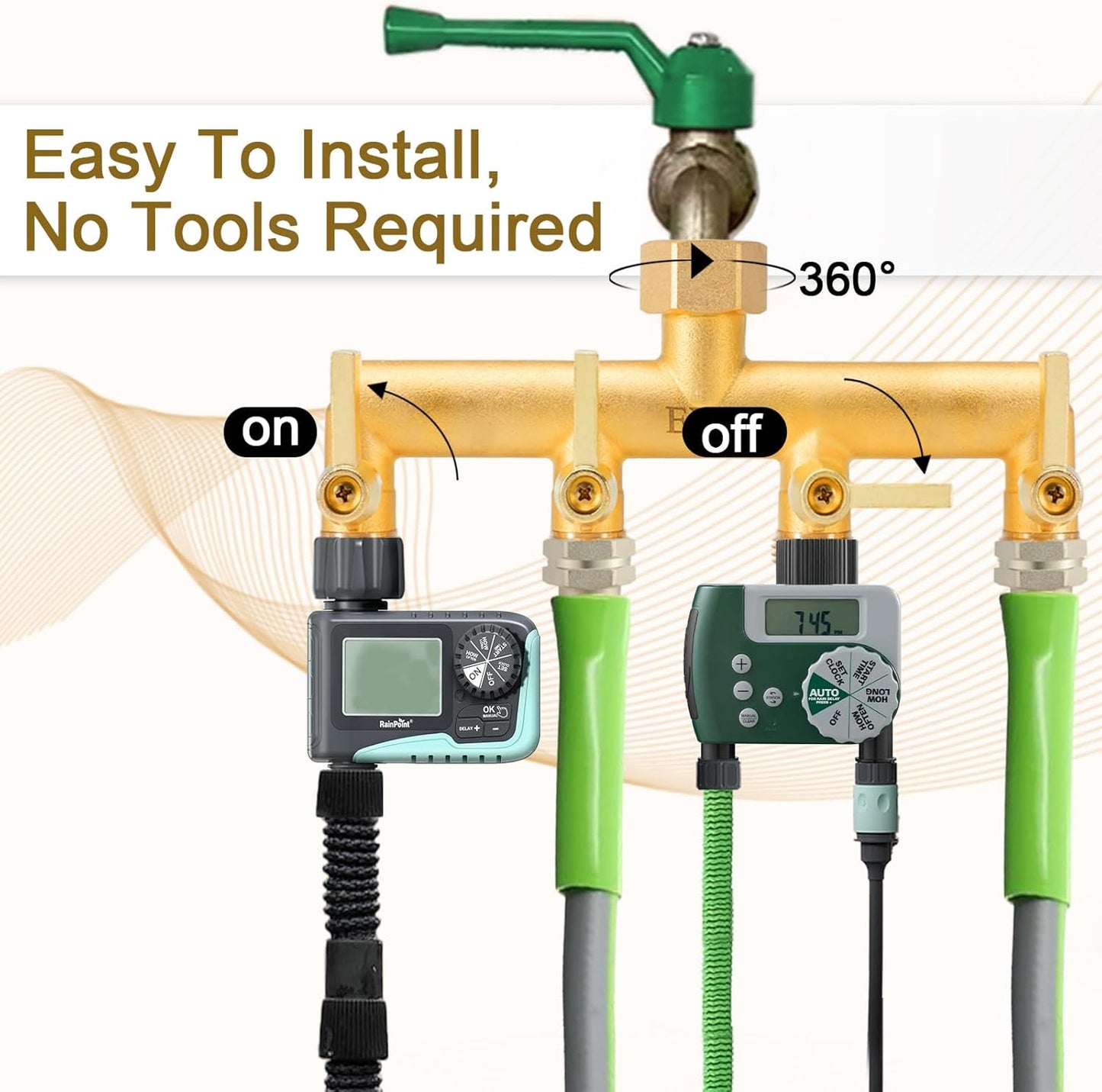 EBH Brass Garden Hose Splitter, 4-Way Heavy Duty Hose Splitter, Outdoor Faucet Manifold, with Extended Metal Handle and Individual On/Off Valve Spout, 3/4” GHT Threads