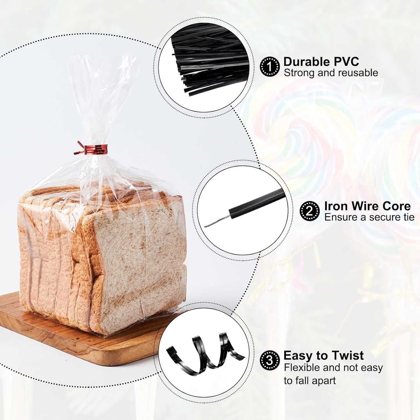 HARFINGTON 800pcs Bag Twist Ties 6" Reusable Plastic Metallic Twist Ties Wire Cable Ties for Party Bread Candy Cake, Black