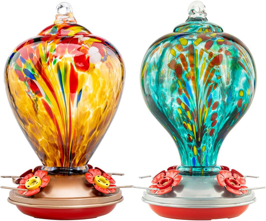 2 Packs Hummingbird Feeder for Outdoors Hanging Ant and Bee Proof, 34OZ 32OZ Hand Blown Glass Hummingbird Feeders for Outside (Yellow & Teal)