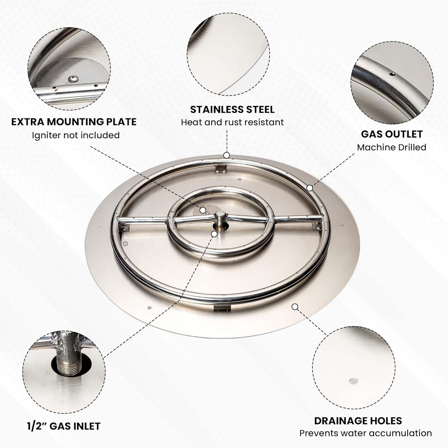 Fire Pit Burner Pan & Ring - Works with Natural Gas - Stainless Steel Fire Pit Burner Kit 22-Inch Pan, 18-Inch Ring - 150,000 BTU Max