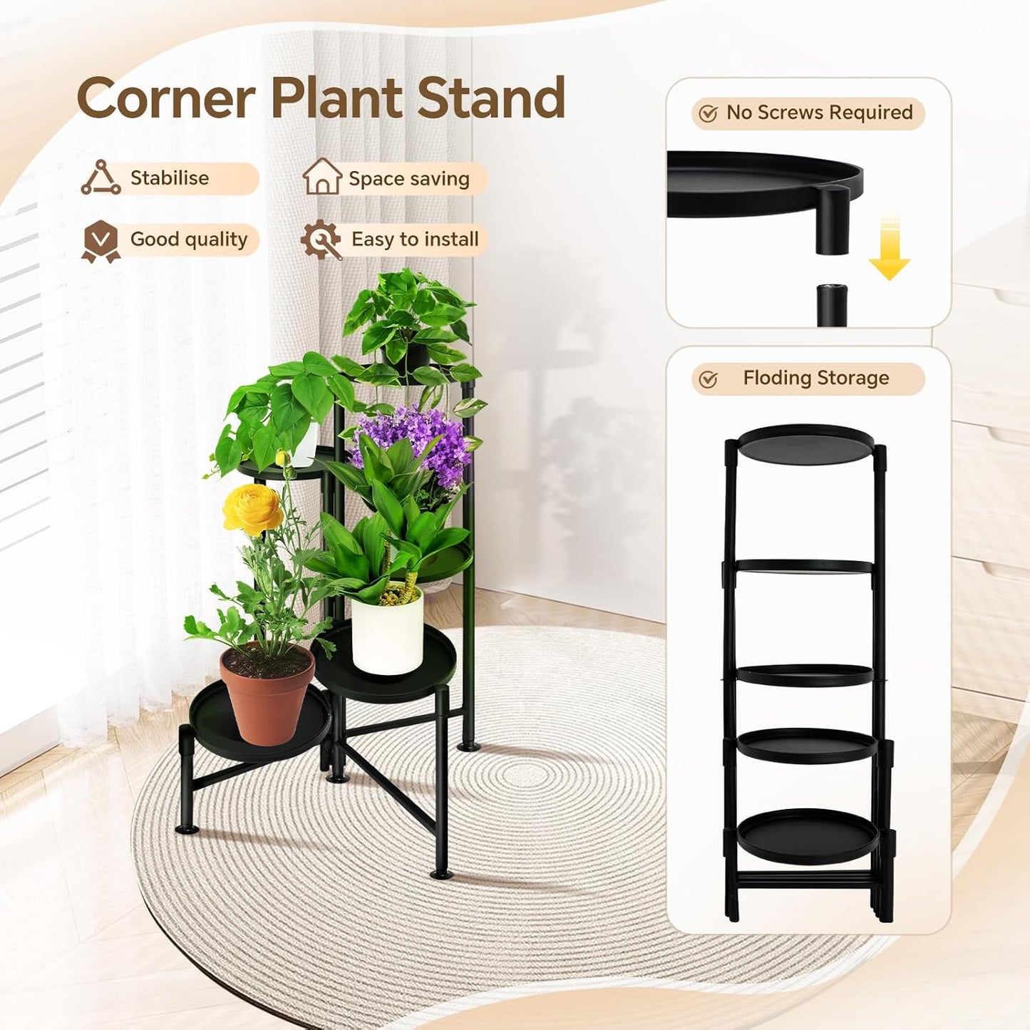 5 Tier Plant Stand Indoor, Metal Corner Plant Shelf Outdoor, Foldable Tall Plant Rack for Mutiple Plants, Flower Pot Holder Display Stand for Living Room Patio Home Decor for Gatdening