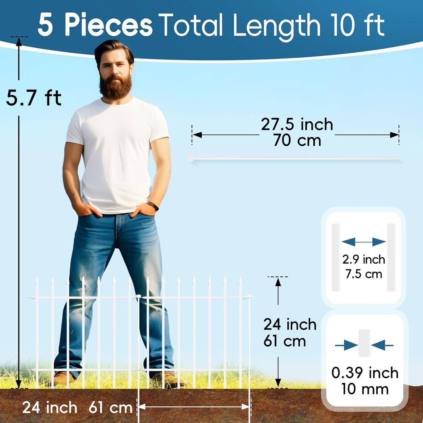 Metal Garden Fence 24" W x 24" H (5 Panels, Total 10 ft), Decorative Border Folding Fence, Landscape Fencing for Flower Bed, Yard, Animal Barrier