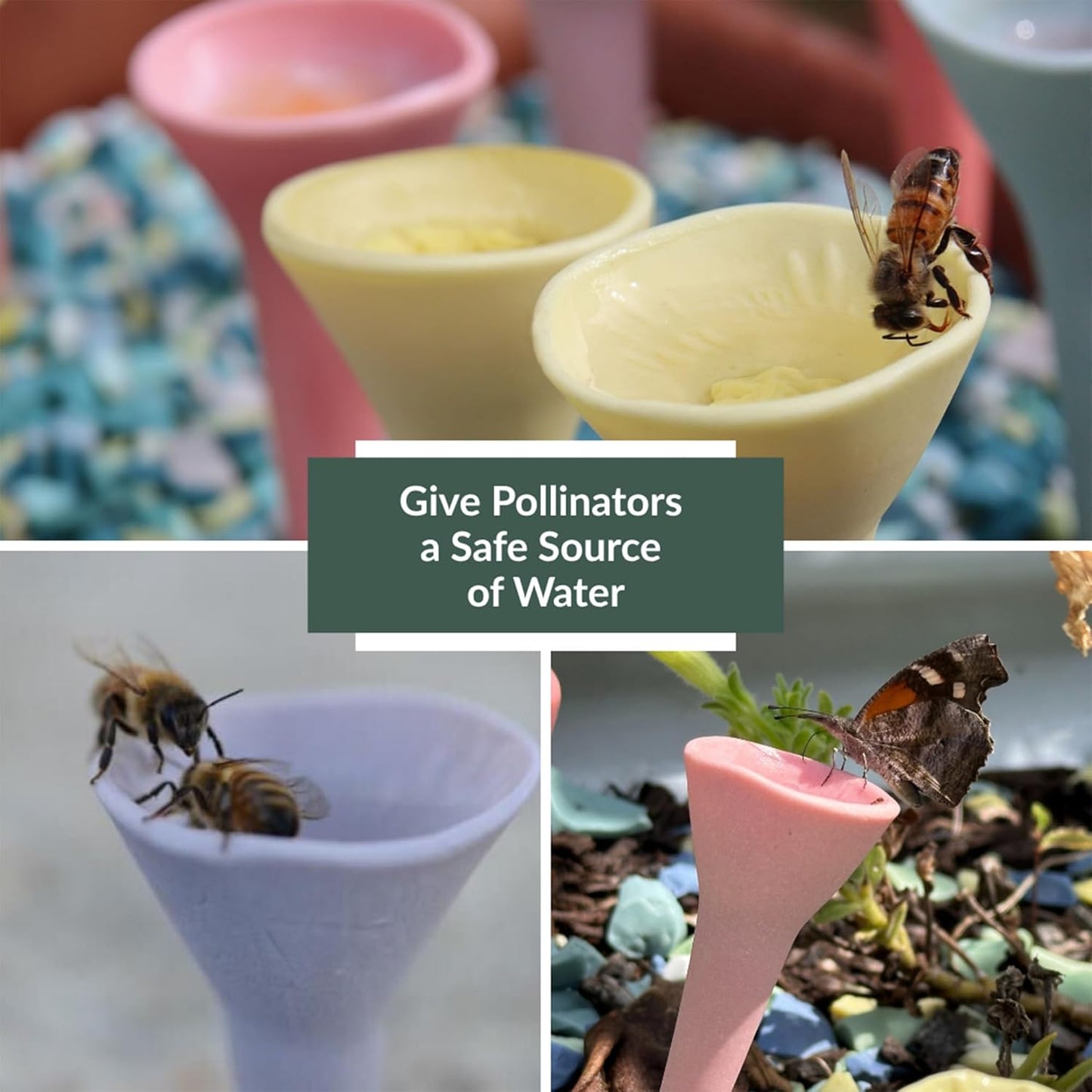 5 Pack, Bee Watering Station, 100% Handmade Porcelain, Bee and Butterfly Feeder for Garden, Outdoor Feeders for Thirsty Pollinators, Plastic Free, Pollinator Attracting Glaze (5, Cactus)