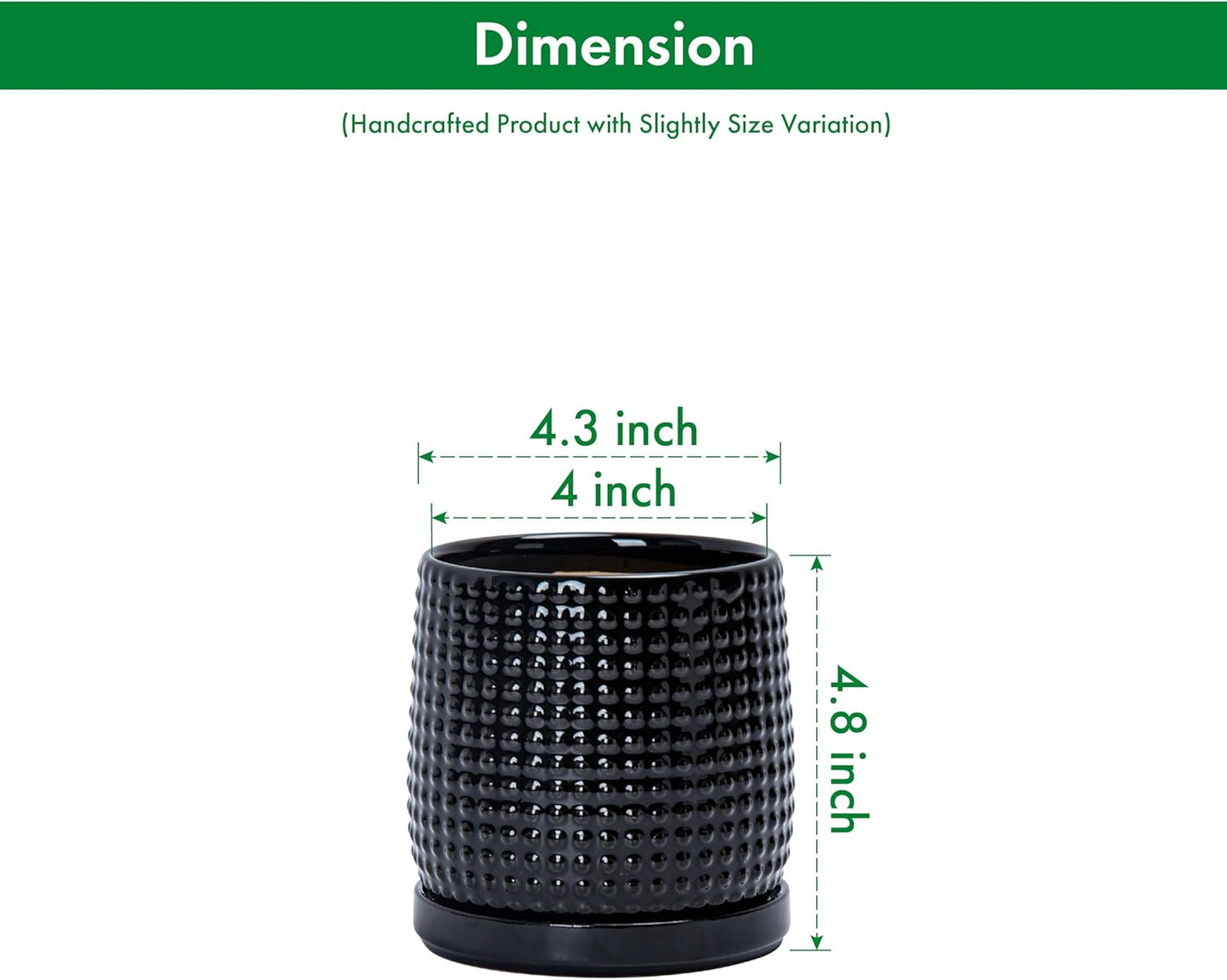 D'vine Dev Set of 2 Ceramic Plants Pots, 4 Inch Beaded Stoneware Flower Pot for Plants with Drainage Hole and Saucer, Glossy Black, 27-E-Z-2