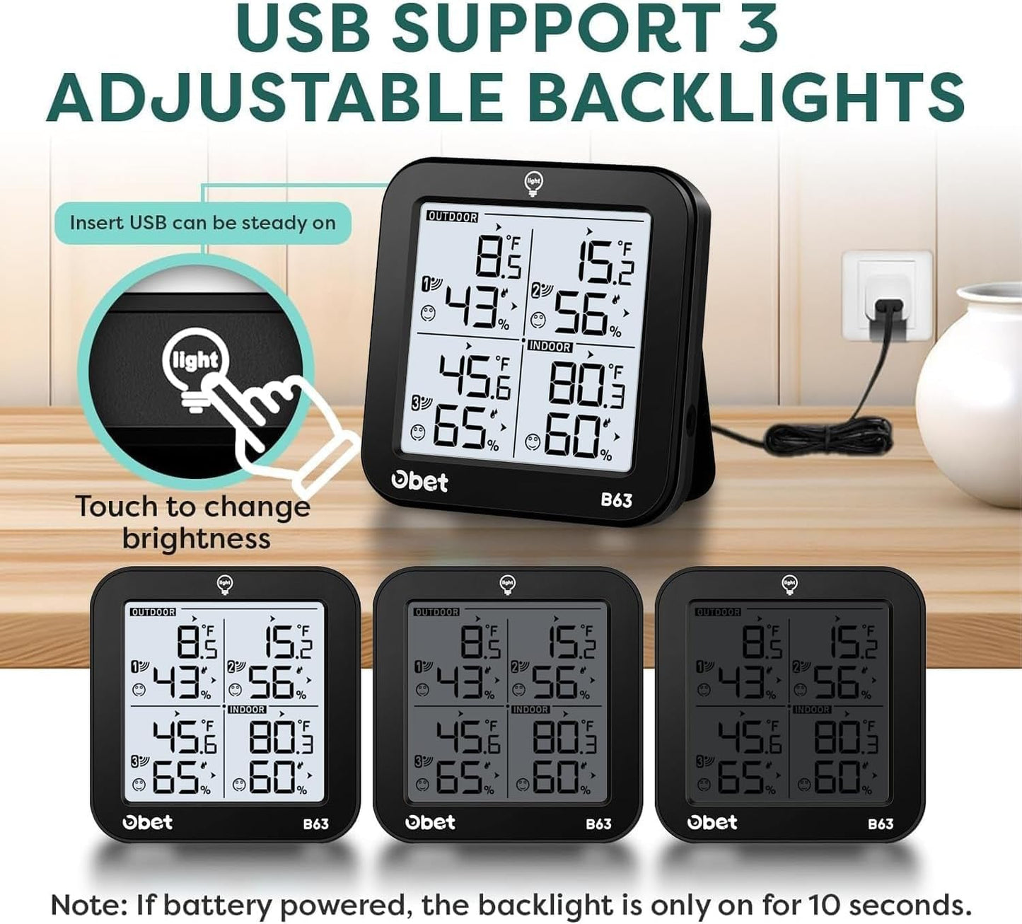 OBET Indoor Outdoor Thermometer Wireless with 3 Sensors Weather Station Temperature Humidity Monitor 500ft Range and Adjustable Backlight and Min Max Data Black