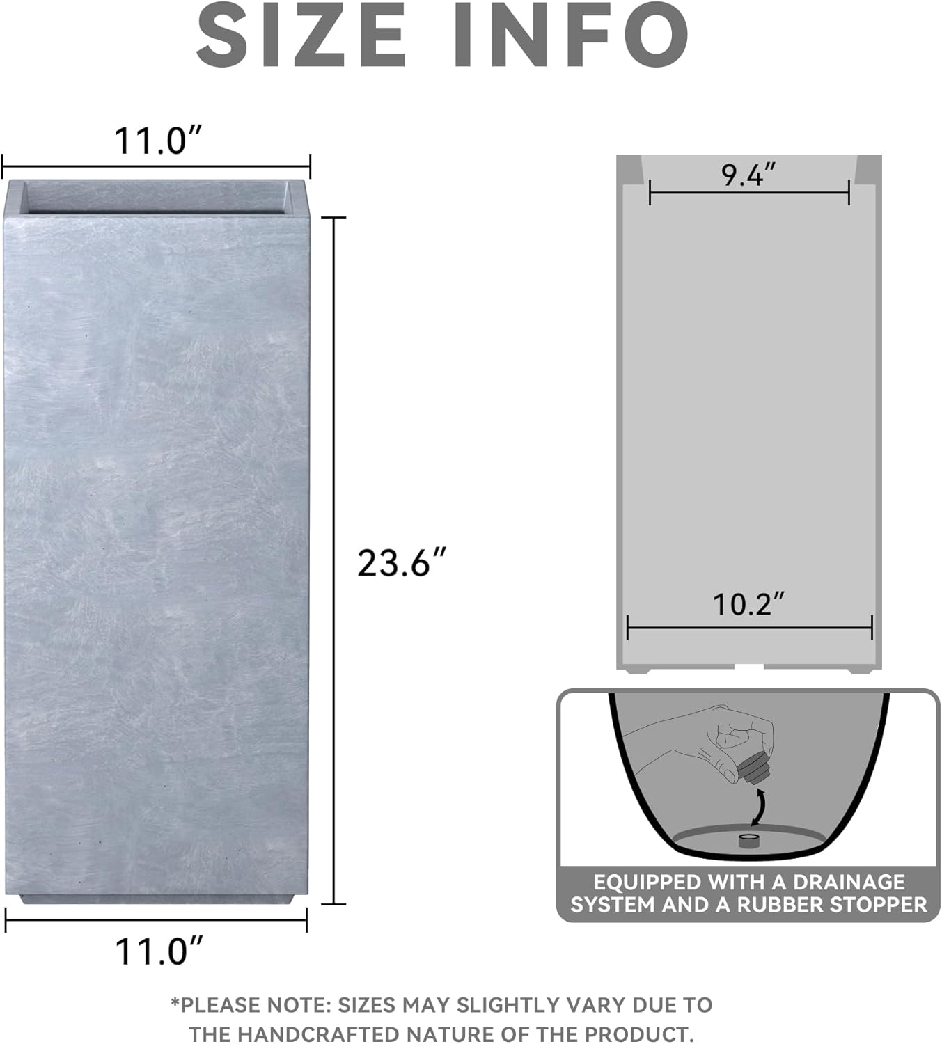 Kante 23.6" H Tall Rectangular Concrete Planter, Modern Square Diameter Plant Pot with Drainage Hole and Rubber Plug for Indoor Outdoor Home Patio Garden, Slate Gray