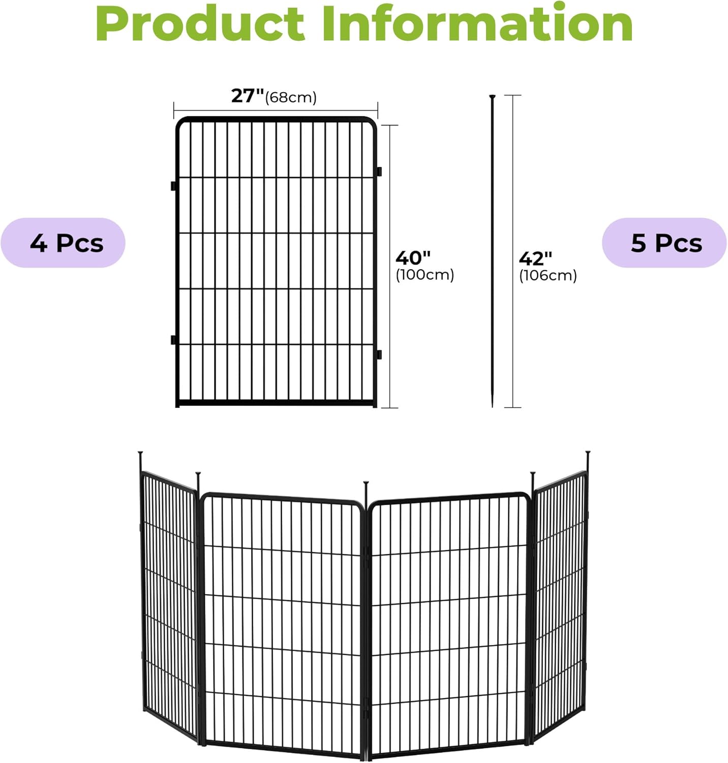 Doorless Garden Fence 40 in(H) x 8.9 ft(L) 4 Panels, Heavy Duty Metal Animal Barrier Fence, No Dig Fence for Dogs, Rabbit Fence for Garden, Black