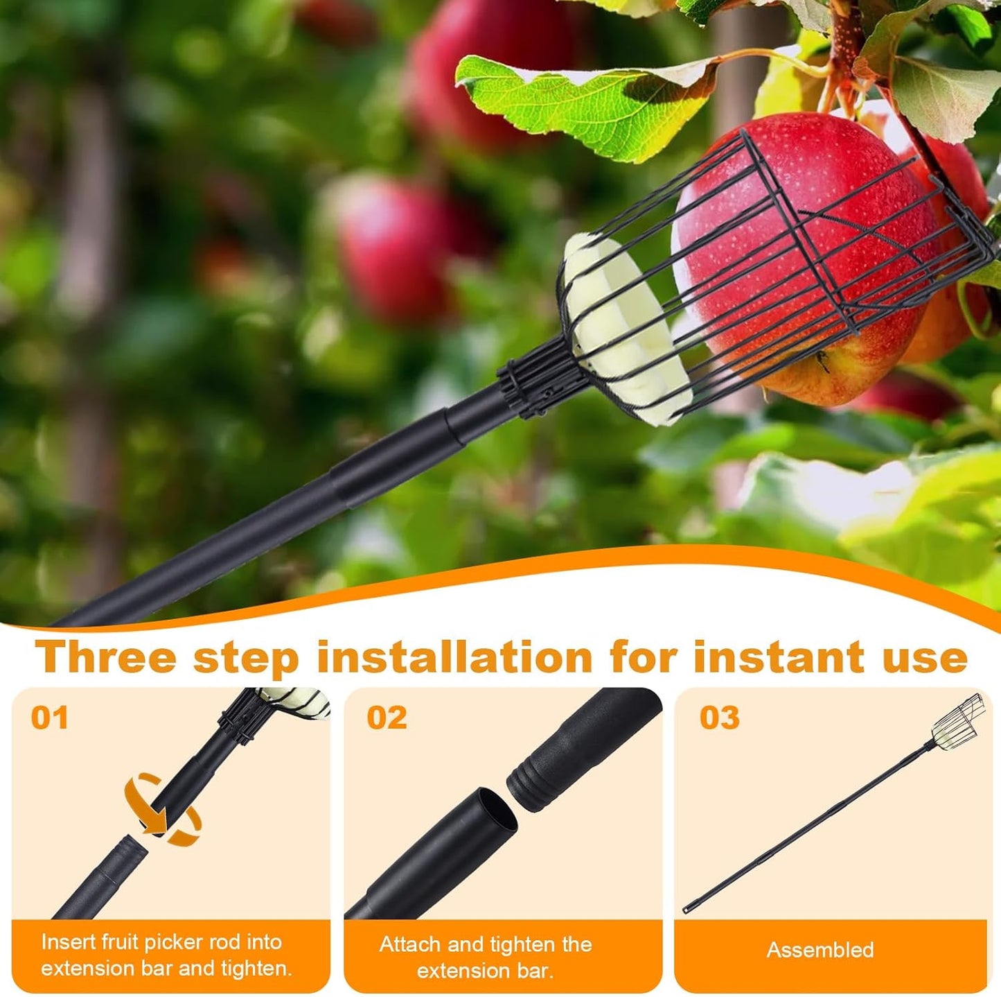 Fruit Picker Pole with Basket, 8.43FT (101 Inch) Adjustable Fruits Picker Tool with Stainless Steel Handle Fruit Grabber Reach Tool for Apple Mango Pear Avocados Fruit Picking, Black
