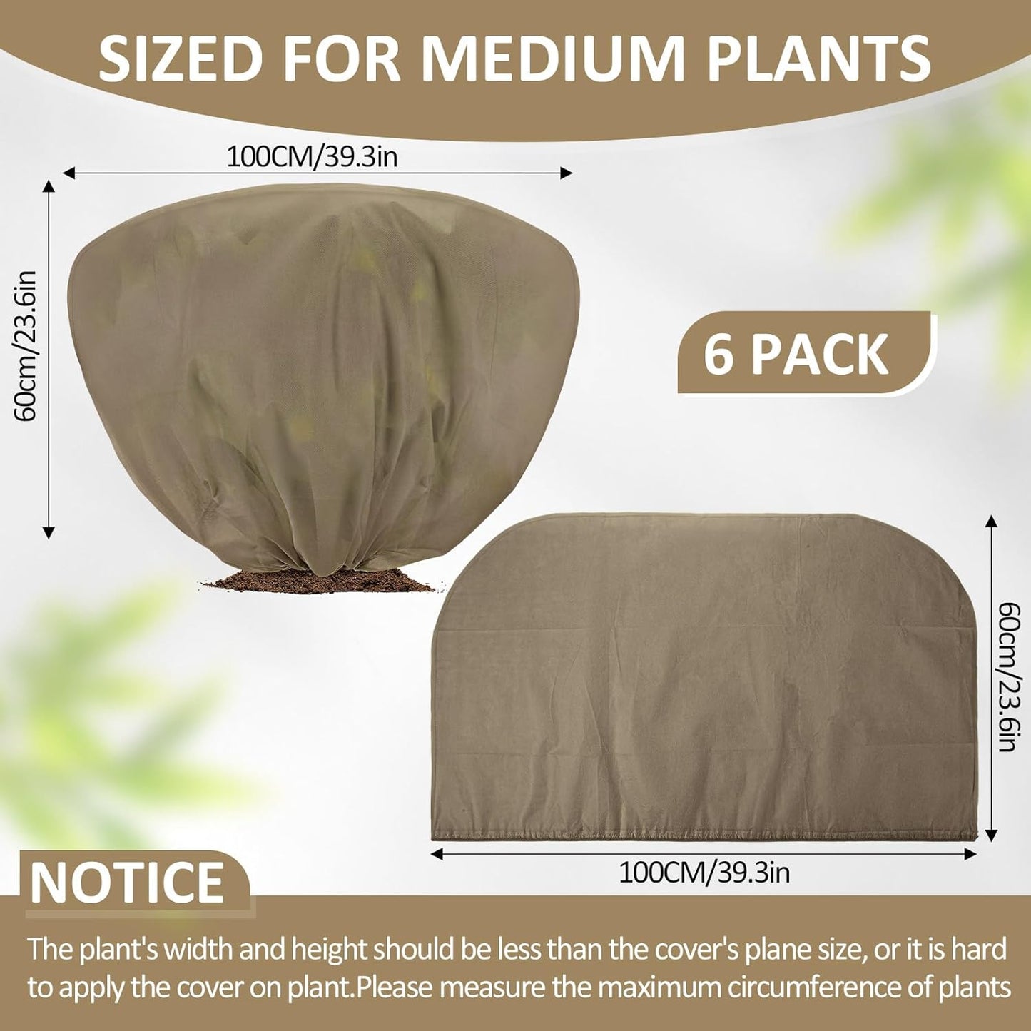 6 Pcs Winter Plant Covers Freeze Protection 39.4x23.6 Inch Horizontal Shrub Tree Rose Plant Protection Bags Frost Blanket with Drawstring for Fall Winter Outdoor Garden Planting (Brown)