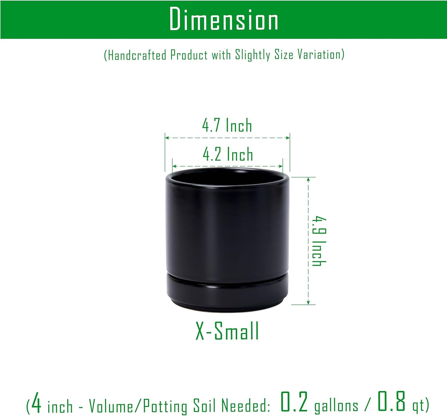 D'vine Dev 4.7 Inch Ceramic Planter Pot with Drainage Hole and Saucer, Indoor Cylinder Round Planter Pot, Black, 94-O-B-2