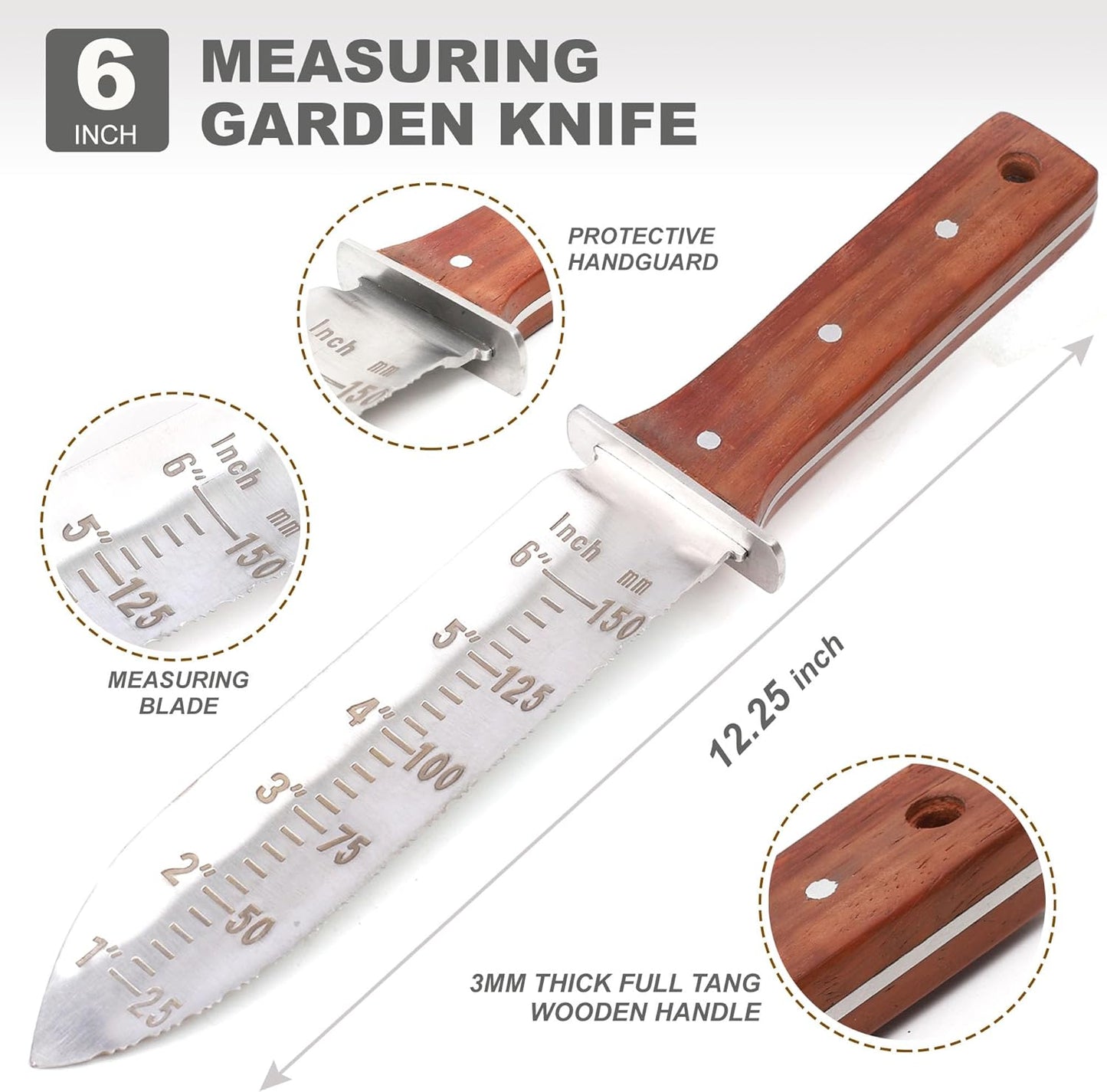Topline Hori Hori Garden Knife, Double-edge Stainless Steel Blade, Garden Knife with Leather Sheath for Digging, Weeding, Planting, Sharpener, Sharpening Stone Included