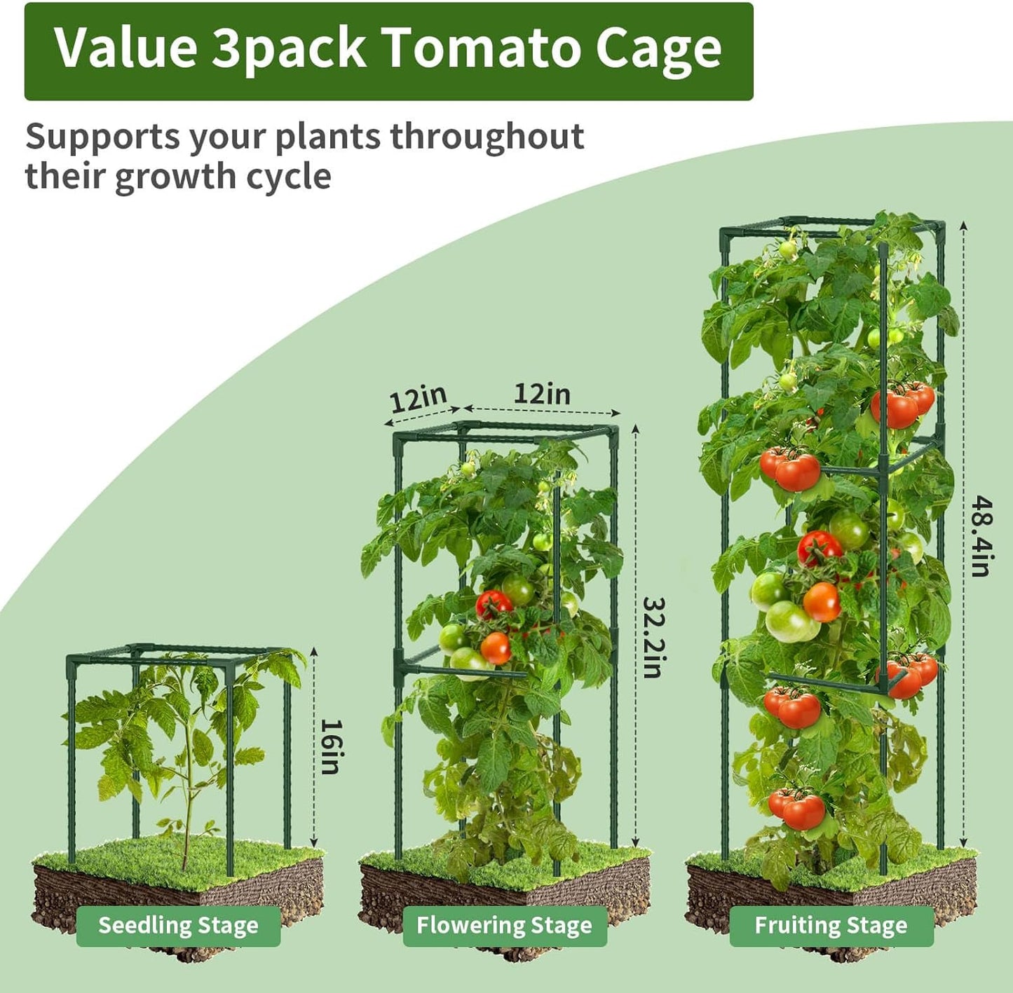 3 Pack 48" Tomato Cage for Garden, Heavy Duty Adjustable Plastic Coated Steel Pipe Tomato Stakes Trellis Plant Cages for Vegetable, Fruit, Flower, Rose Vine Climbing Plants