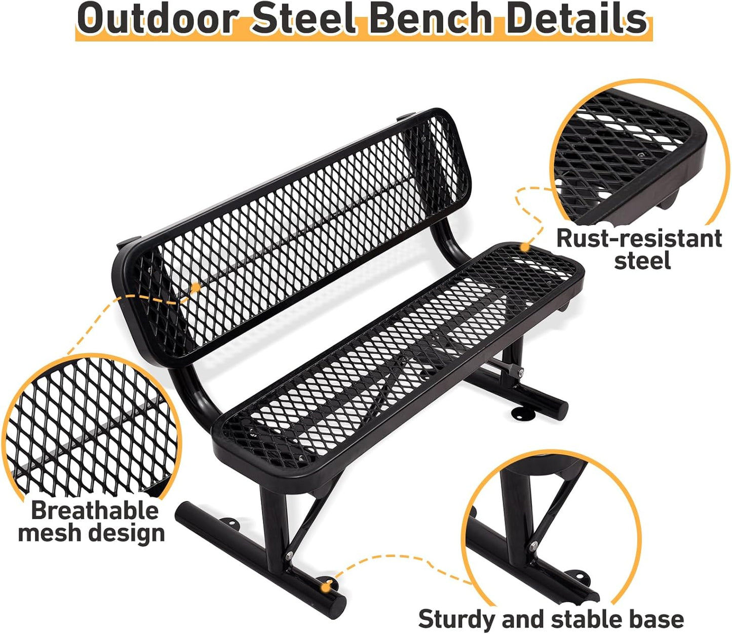 4 Feet Heavy Duty Park Bench with Back Portable Frame, Outdoor Steel Bench with Backrest, Expanded Metal Mesh Bench for Lawn, Park, Deck, Garden, Patio, Porch, Black