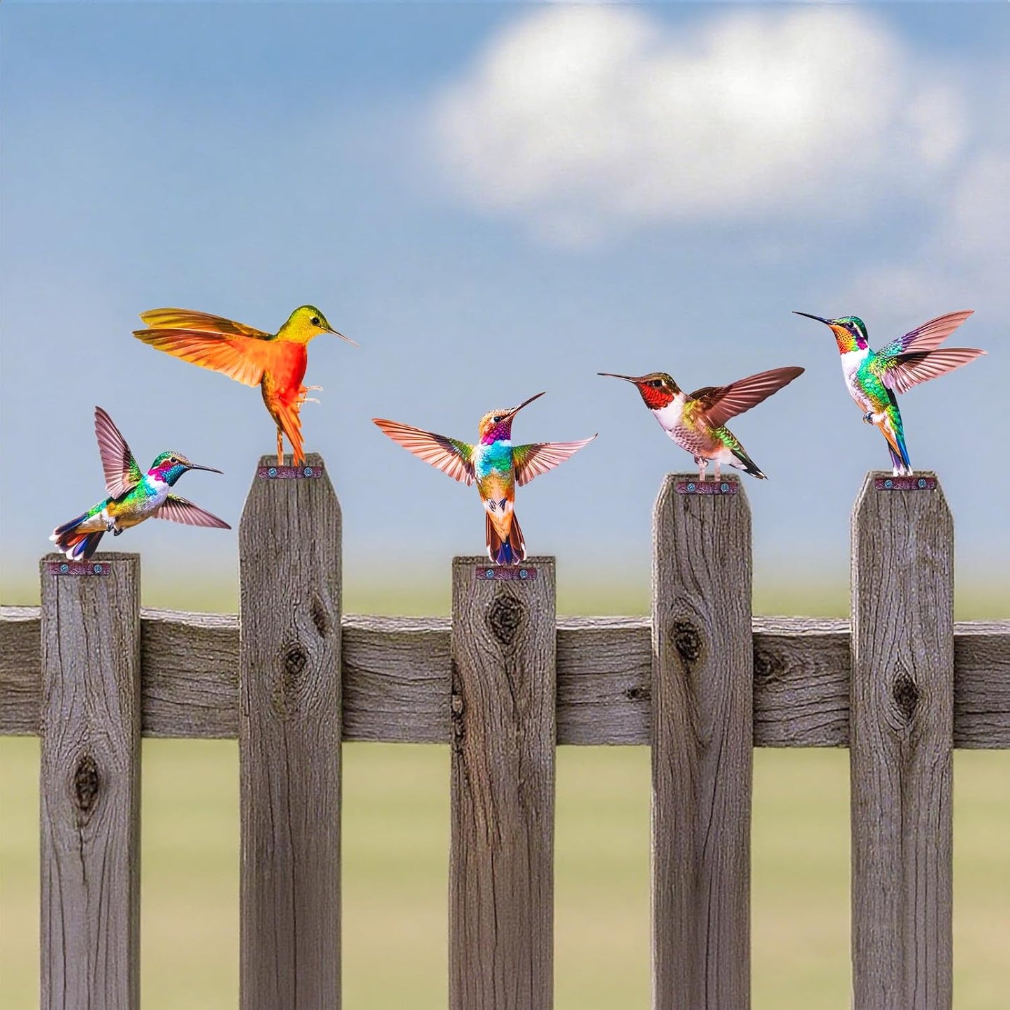 HUYIENO 5PCS Vibrant Metal Bird Decorations Colorful 2D Garden Fence Ornaments for Outdoor Patio & Bird Lovers Hummingbird