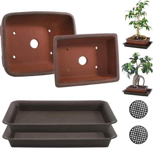 2 Pack Rectangle Bonsai Pots, 6" and 7" Bonsai Planter, Handmade Unglazed Ceramic Planters with 2 Match Humidity Trays 2 Drainage Mesh Pads, Bonsai Tree Training Kit for Garden Outdoor Indoor