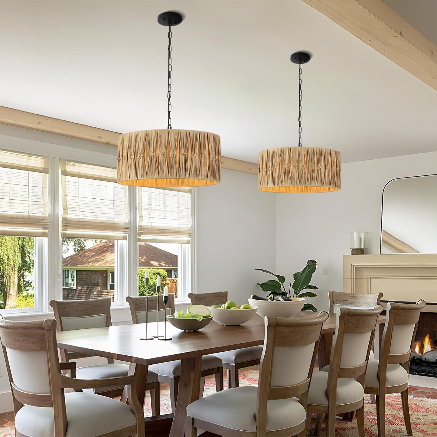 5-Light Boho Chandelier Light Fixture, 18.5" Large Raffia Drum Chandelier Hand Woven Coastal Pendant Light for Dining Room Kitchen Entryway Foyer Bedroom