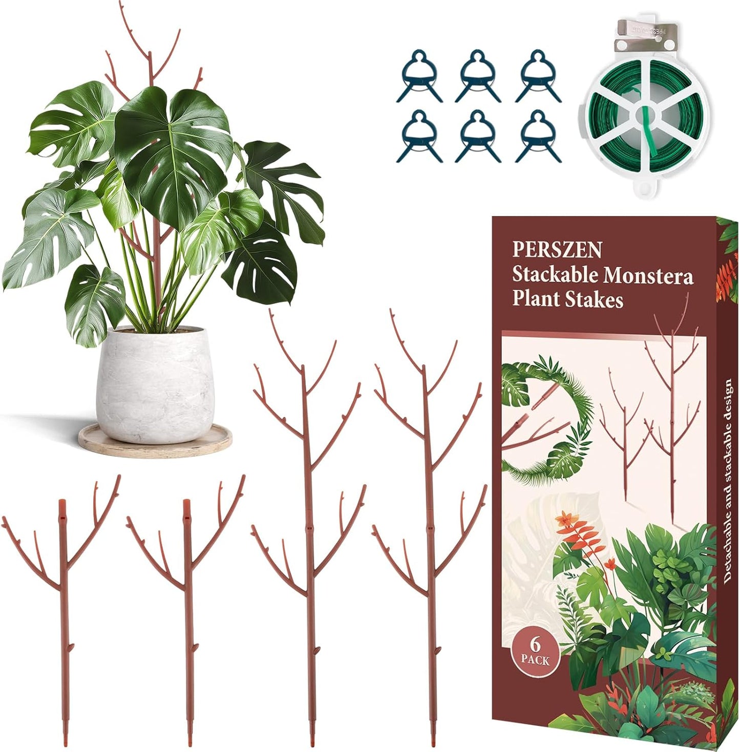 6 Pack Stackable Monstera Plant Support, Plant Stakes for Indoor and Outdoor Plants Use, Garden Stakes for Climbing and Potted Plants, Pothos, Philodendron, Brown