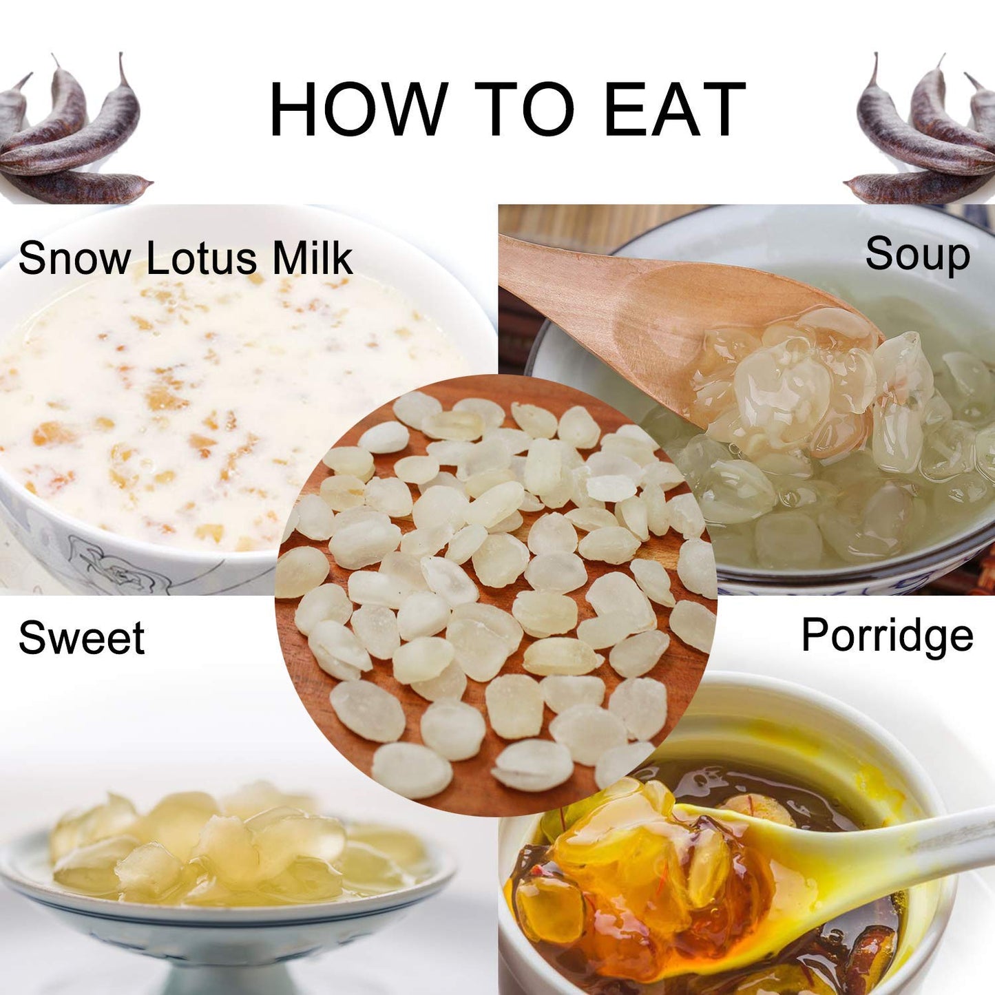 DABC OAK LAND Wild Peach Gum, Snow Swallow, Snow Lotus Seed (Saponified Rice) Beauty, Detox and Dampness Set, 100% Natural Boosting for Skin & Health, Food Additives Free 8OZ each bag, total 24 OZ