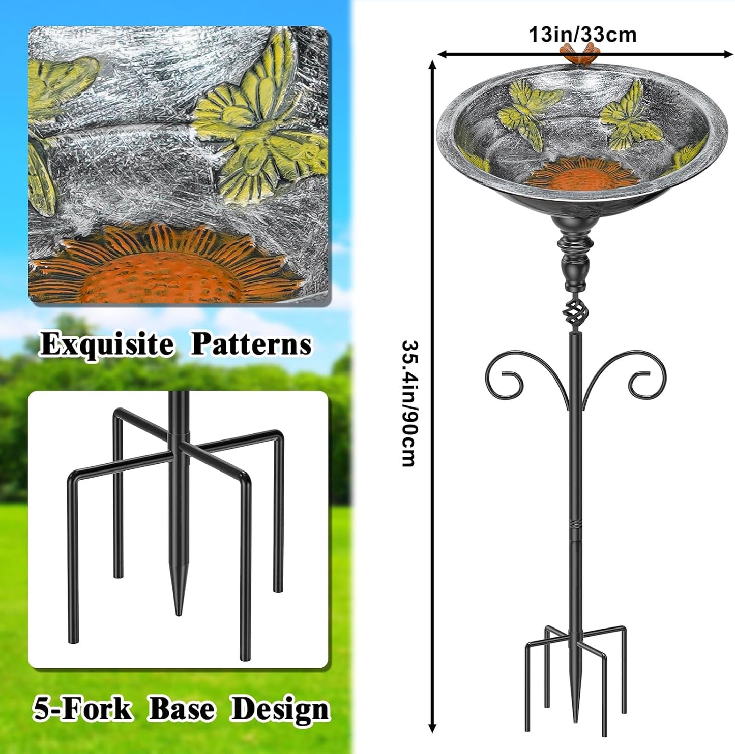 35.4" Tall Bird Bath for Outside, Vintage Metal Birdbaths Bowl with 5 Prong Bases for Outdoors, Freestanding Birdfeeder with Hummingbird Carving for Garden Yard Lawn Decor (Vintage Silver)