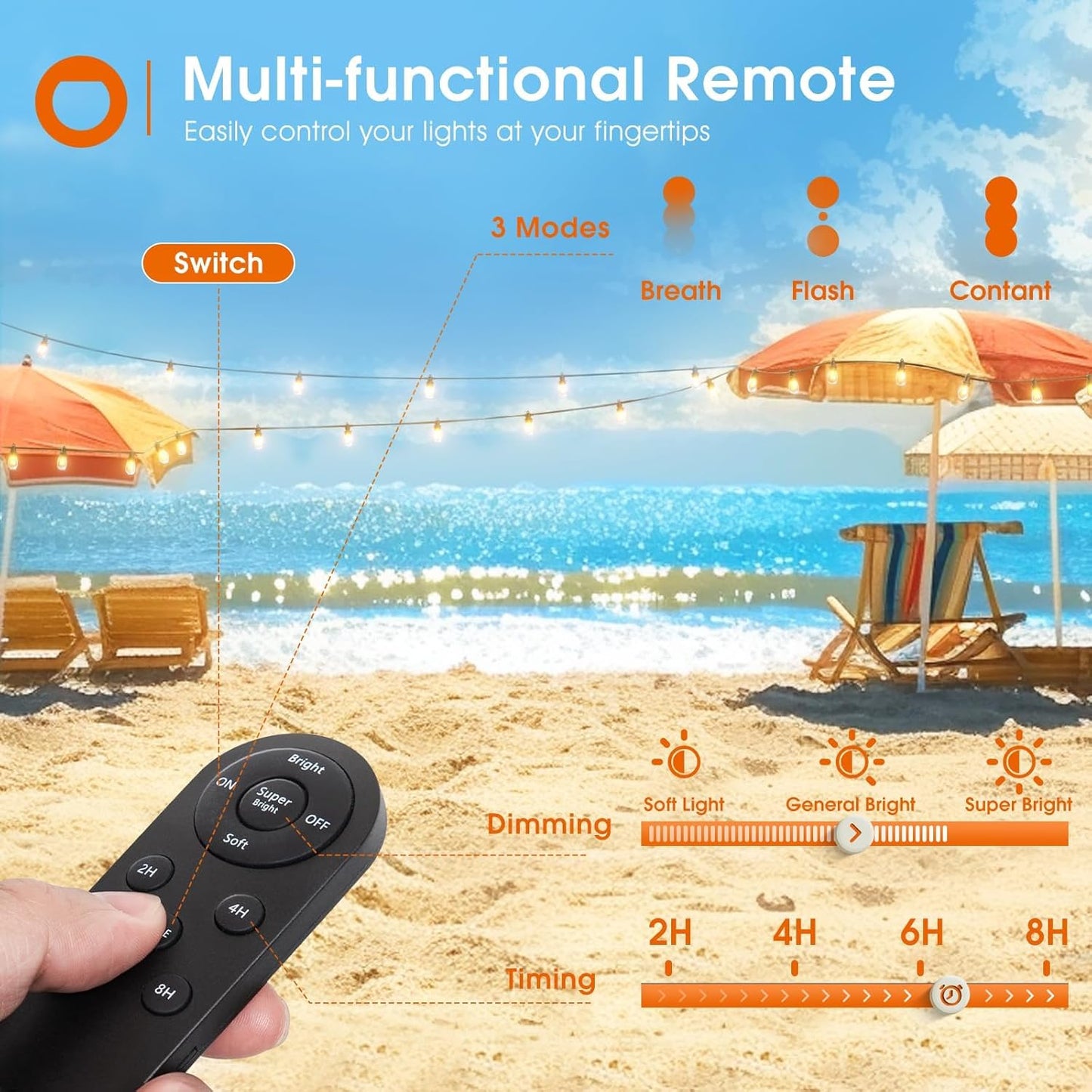 addlon 54FT Solar String Lights Outdoor Waterproof with USB Charging & Remote Control - Dimmable Solar Power Patio Lights with 26 LED Bulbs for Porch, Garden, Yard, Market, Bistro - Lasts 20+ Hrs