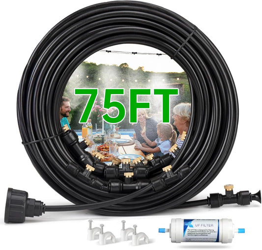 75FT Outdoor Misting Cooling System‌ - Patio Garden Kit with ‌Brass Nozzles & UV Tubing‌, DIY Install for ‌Pool, BBQ, Greenhouse‌, Water-Saving High Pressure Cooler
