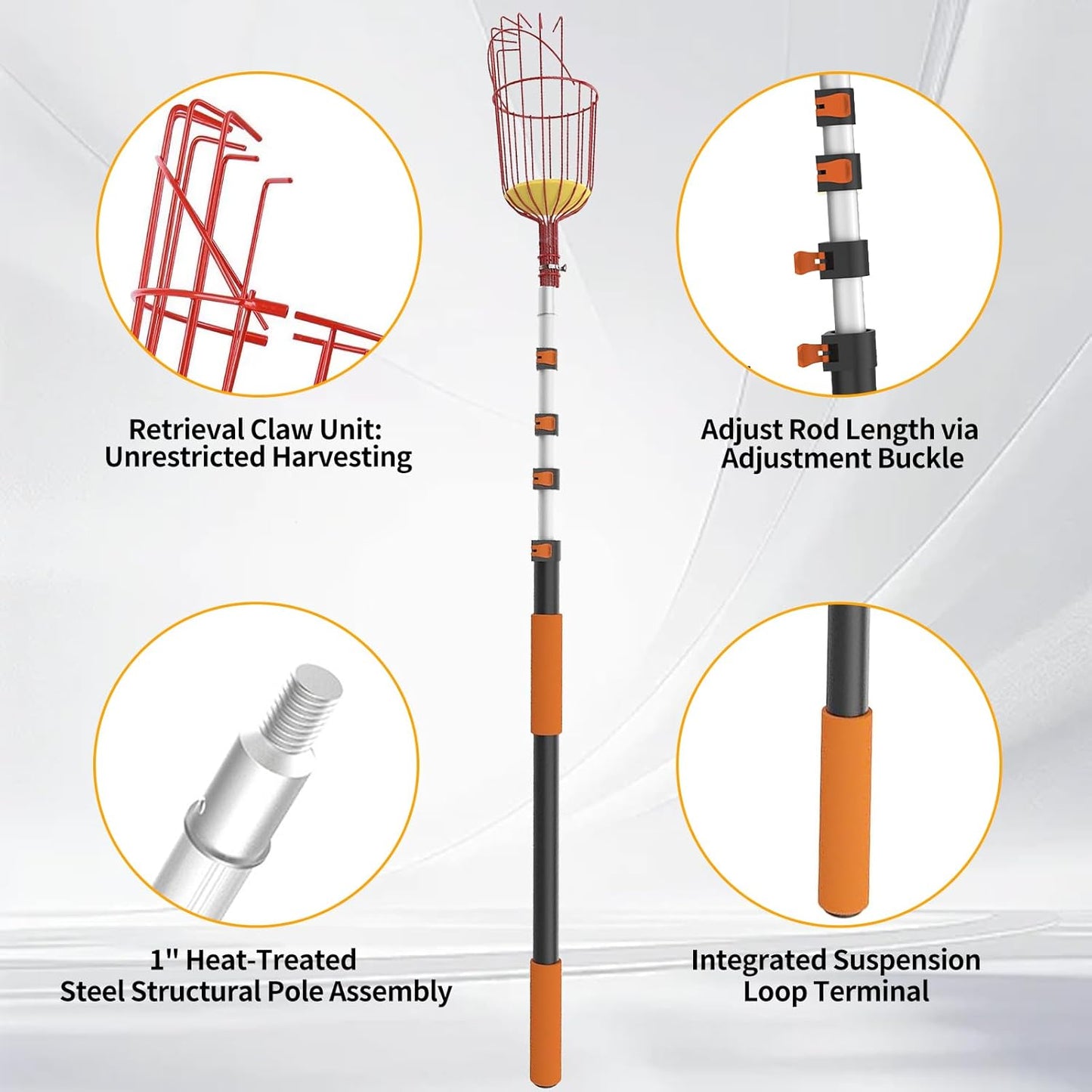 26FT Reach Fruit Picker Pole, Telescopic Picking Pole with Gentle Grip Claw & Collapsible Basket, Adjustable Apple Picker Pole Tool for Avocado Orange Lemon Pear Mango