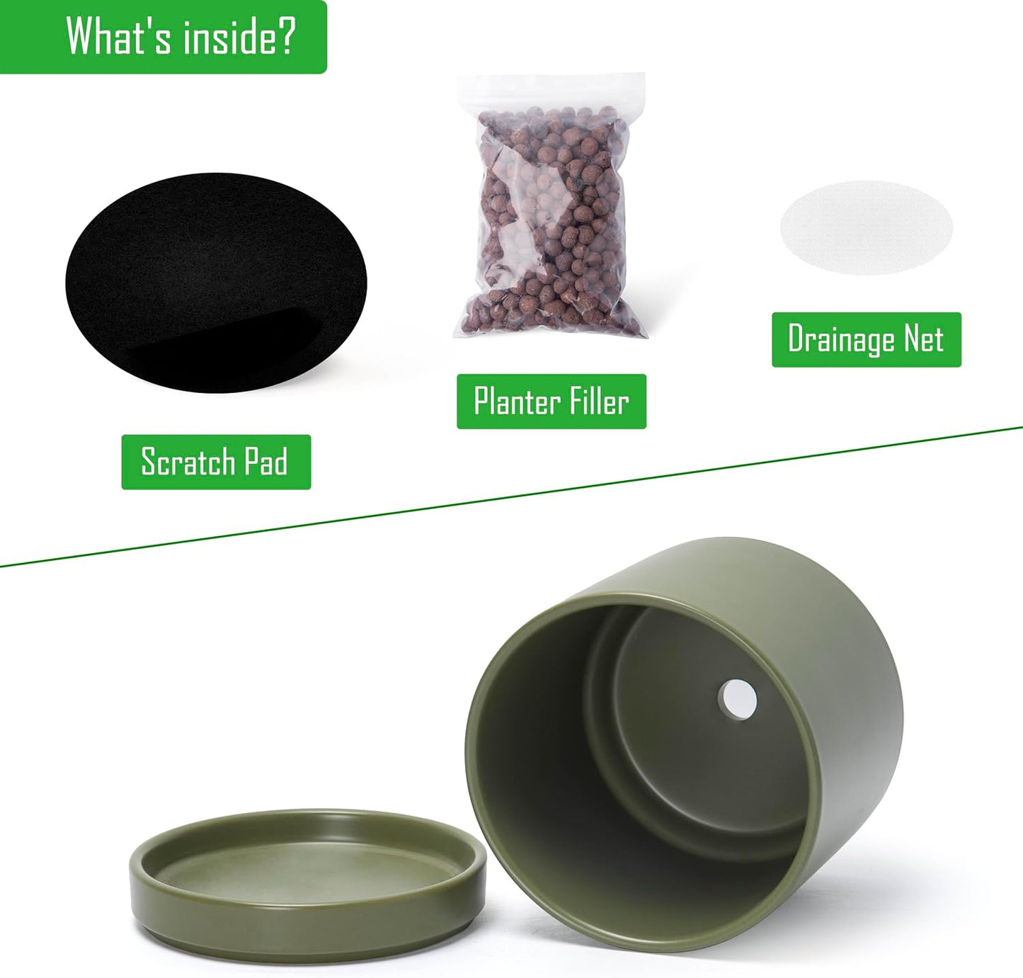 D'vine Dev Set of 2 Plants Pots, 8.2 Inch Ceramic Planter Pot for Plants with Drainage Hole and Saucer, Olive, 94-V-D-J