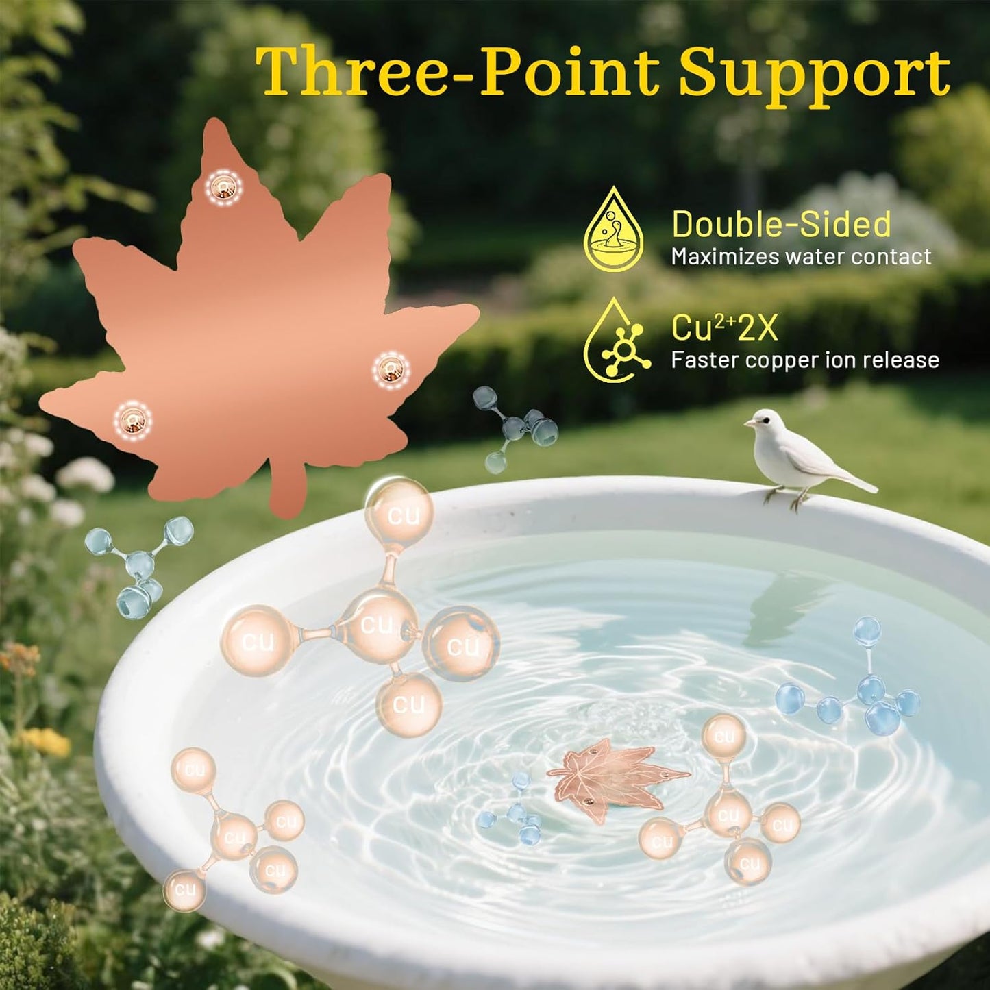 Bird Bath Copper Disk,Bird Bath Purification Disk 0.6mm Reinforced 99.99% Pure Copper Cleaning Disk with 3-Point Support,Fits Outdoor Birdbath & Bowl,Provide Safe Clean Water,Maple Leaf-1Pc