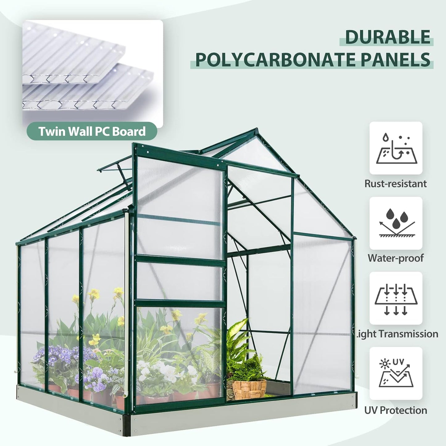 EAGLE PEAK 6x6x7 Outdoor Walk-in Hobby Greenhouse with Adjustable Roof Vent, Rain Gutter, Base and Anchor, Polycarbonate Aluminum Green House for Backyard Garden, Dark Green