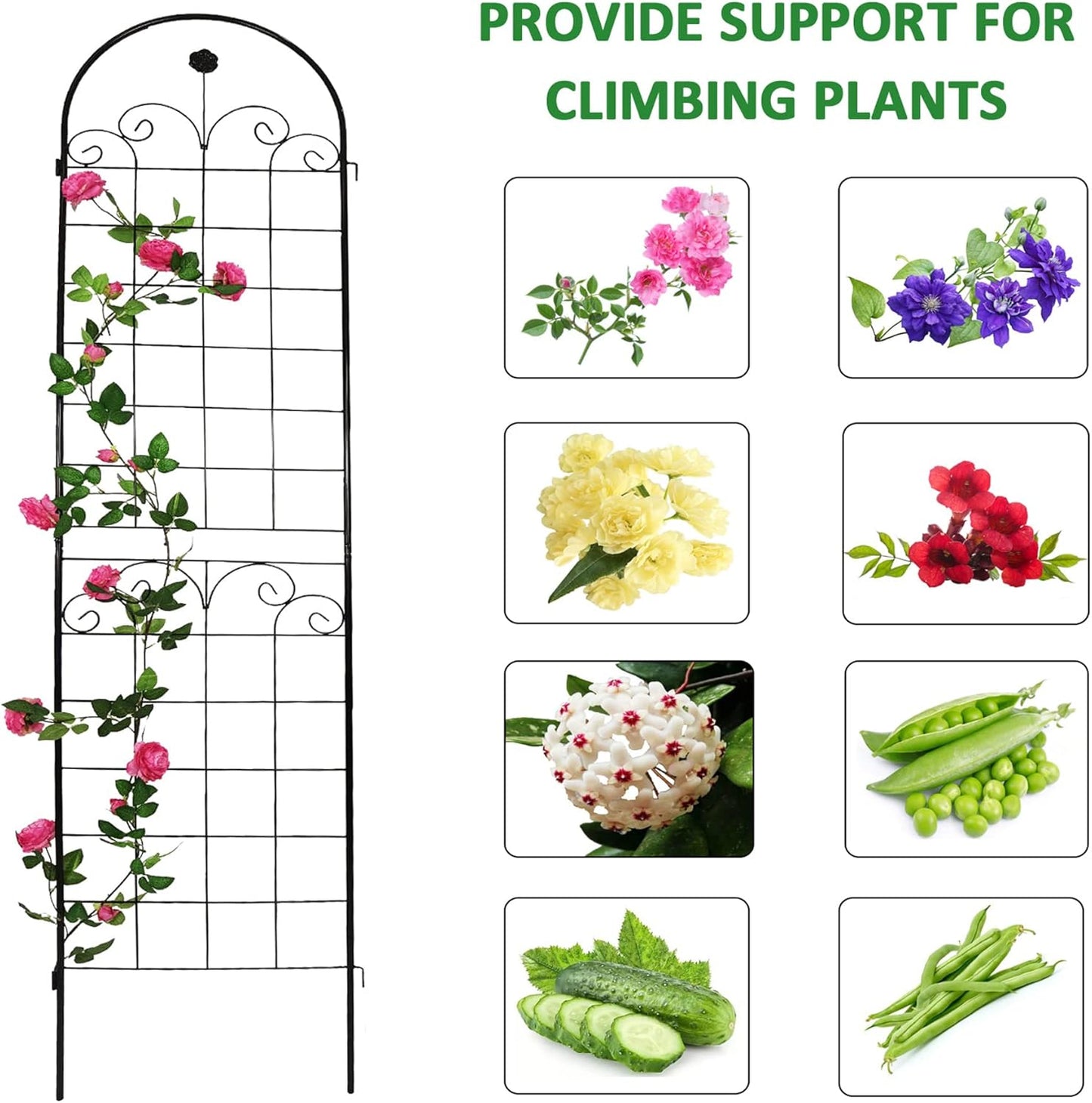 2 Pack Metal Garden Trellis for Climbing Plants, 86.7" Tall Rustproof Outdoor Trellis Panel w/Curly Grass Design, Decorative Black Iron Plant Support for Vine, Rose, Flower, Garden Wall