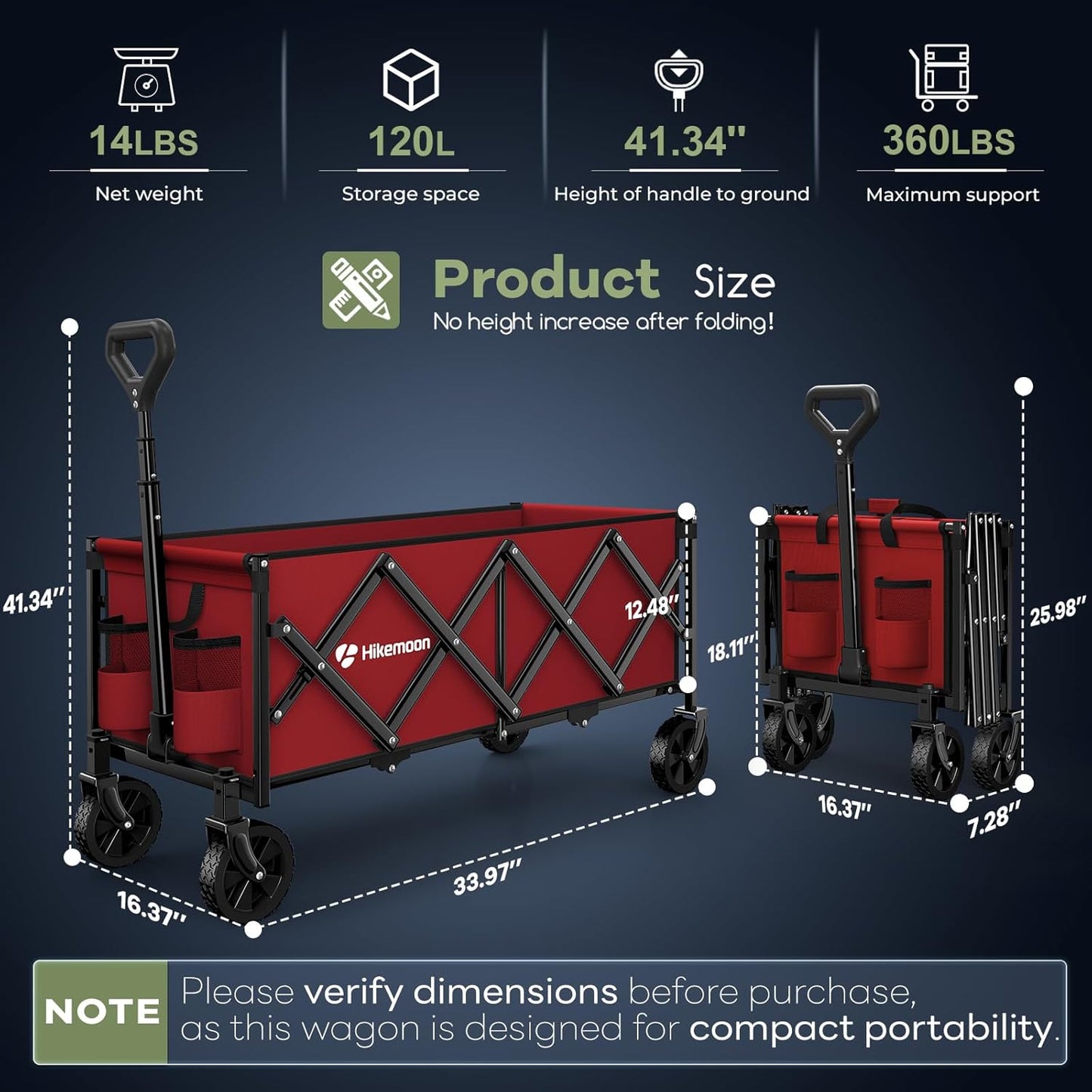 34'' Extra Long Collapsible Wagons Carts Foldable, 360LBS Heavy Duty Folding Beach Wagon with Wheels, Portable Utility Outdoor Cart for Grocery, Garden, Sports, Camping, Red