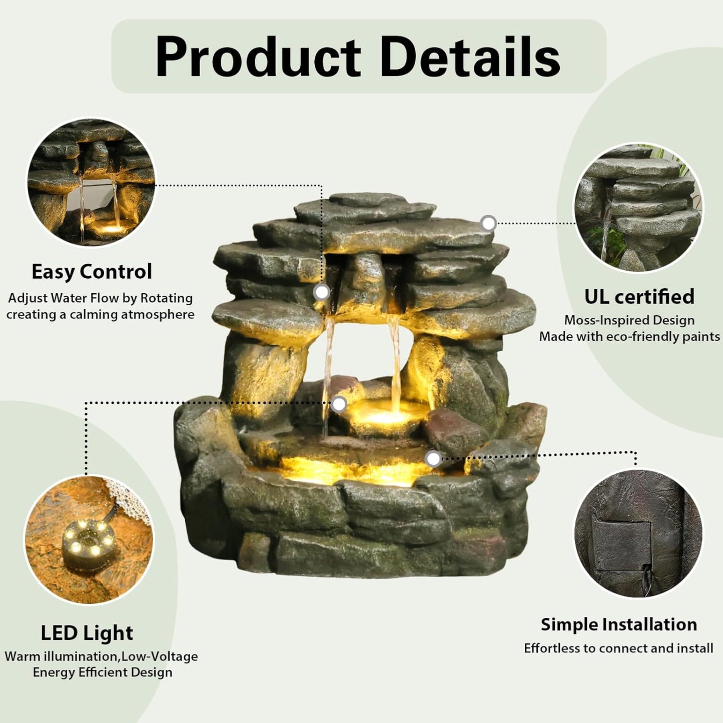 15.6''H Small Rock Water Fountain Outdoor&Indoor, 3-Tier Garden Waterfall with Warm Lights and 2 Flows for Patio, Backyard, Deck, Porch, Home DéCor, Stone Gray