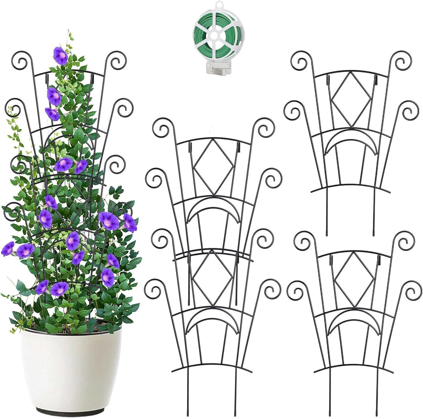 4 Pack Stackable Metal Plant Trellis for Climbing Plants Outdoor/Indoor - Sturdy Garden Trellis for Potted Plants, Vine Support Stakes with Rustproof Design- Decorative Plant Support