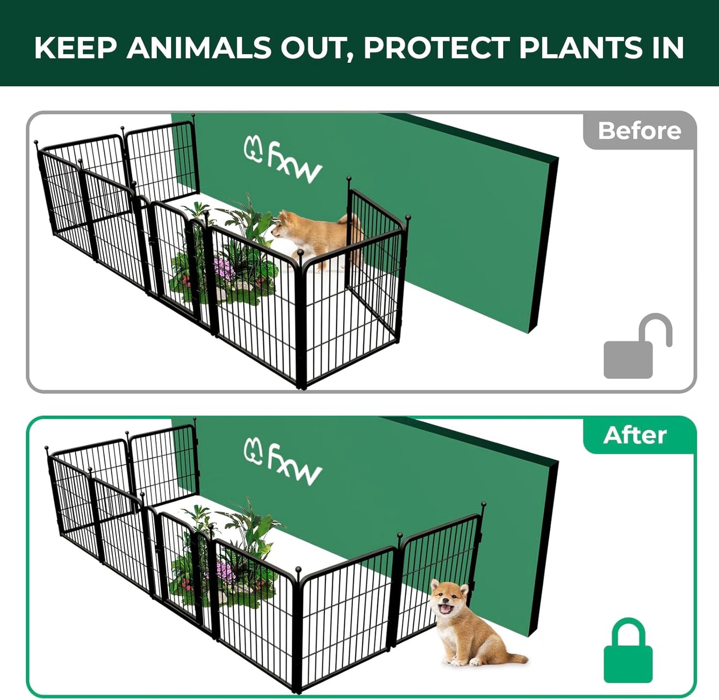 FXW Garden Fence Outdoor for The Yard – 24in(H) x 15.2ft(L) Heavy Duty Metal Animal Barrier for Dog and Rabbit, Decorative Dog Fence with Fence-to-Wall Anchor (Pack of 4), 8 Panels, Black