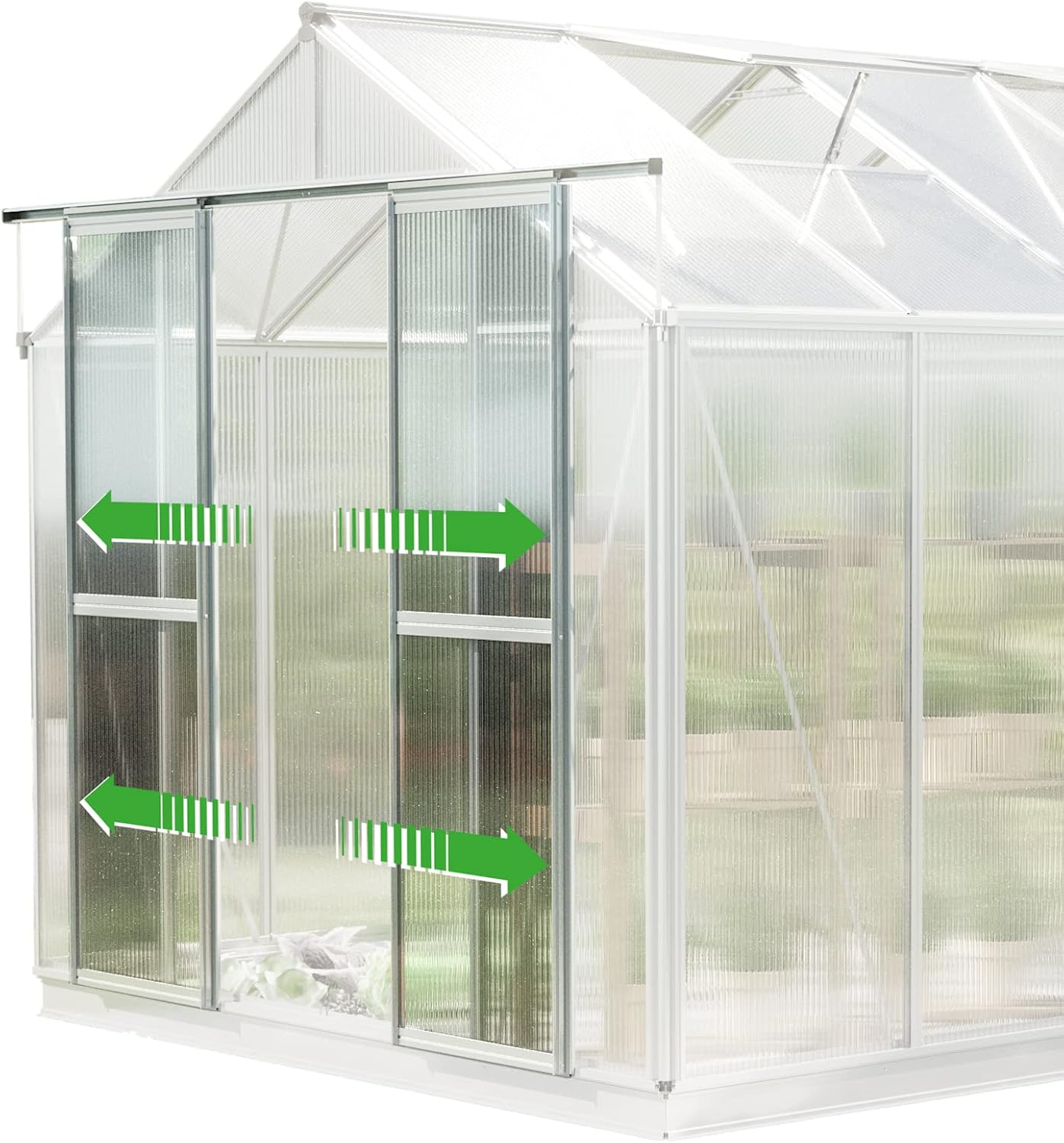 Greenhouse Saphir 5 Aluminum Frame 8.5 x 10.6 ft Approx. 6 mm Polycarbonate Panels - with Bonus Base Frame and Automatic Vent Opener