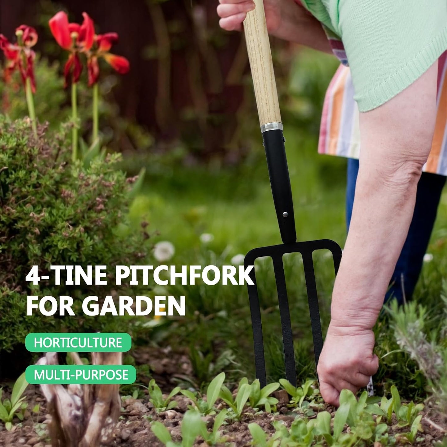 Garden Fork,4-Tine Pitchfork,Spading Digging Fork,Forged Steel Y-Grip, Wood Handle,45Inch